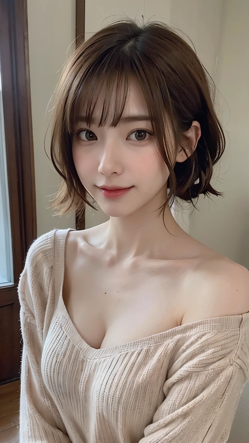 (masterpiece:1.3), (8k, photorealism, original photo, Best image quality: 1.4), Japanese high school girl、(Random hairstyle:1.2)、split:1.2、Super detailed face、Attention to detail、double eyelids、chest to chest、sharp focus:1.2、beautiful woman:1.4、light brown hair、best quality、masterpiece、ultra high resolution、(photorealism:1.4)、Rich in details、Professional smile、Loose and lightweight pajamas、shoulders outward、thin、Serious expression、short hair、fatal position