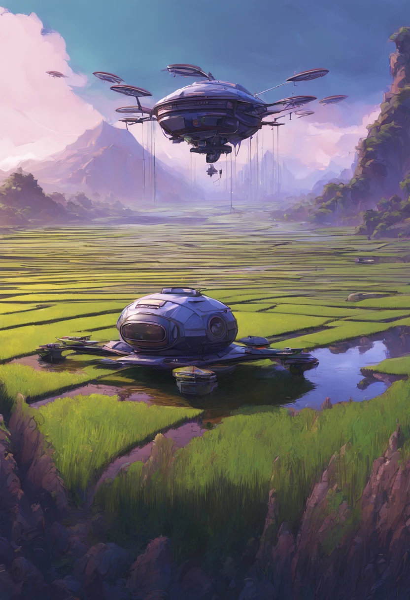 Type of Image: Concept Art Sketch, Subject Description: A futuristic rice paddy with advanced agriculture drones flying overhead, Art Styles: Cyberpunk, Art Inspirations: Syd Mead, Camera: fish-eye, Shot: POV, Render Related Information: detailed, neon lighting, volumetric light, aesthetic