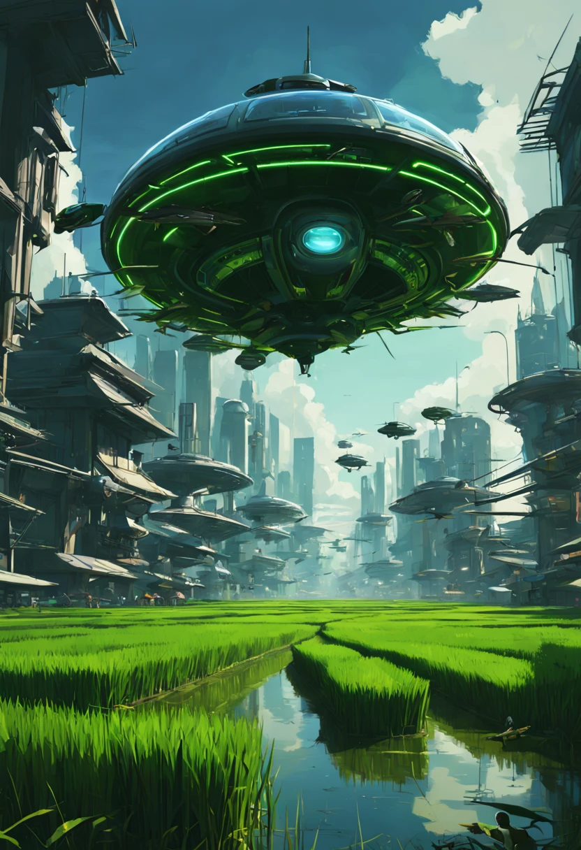 Type of Image: Concept Art Sketch, Subject Description: A futuristic rice paddy with advanced agriculture drones flying overhead, Art Styles: Cyberpunk, Art Inspirations: Syd Mead, Camera: fish-eye, Shot: POV, Render Related Information: detailed, neon lighting, volumetric light, aesthetic