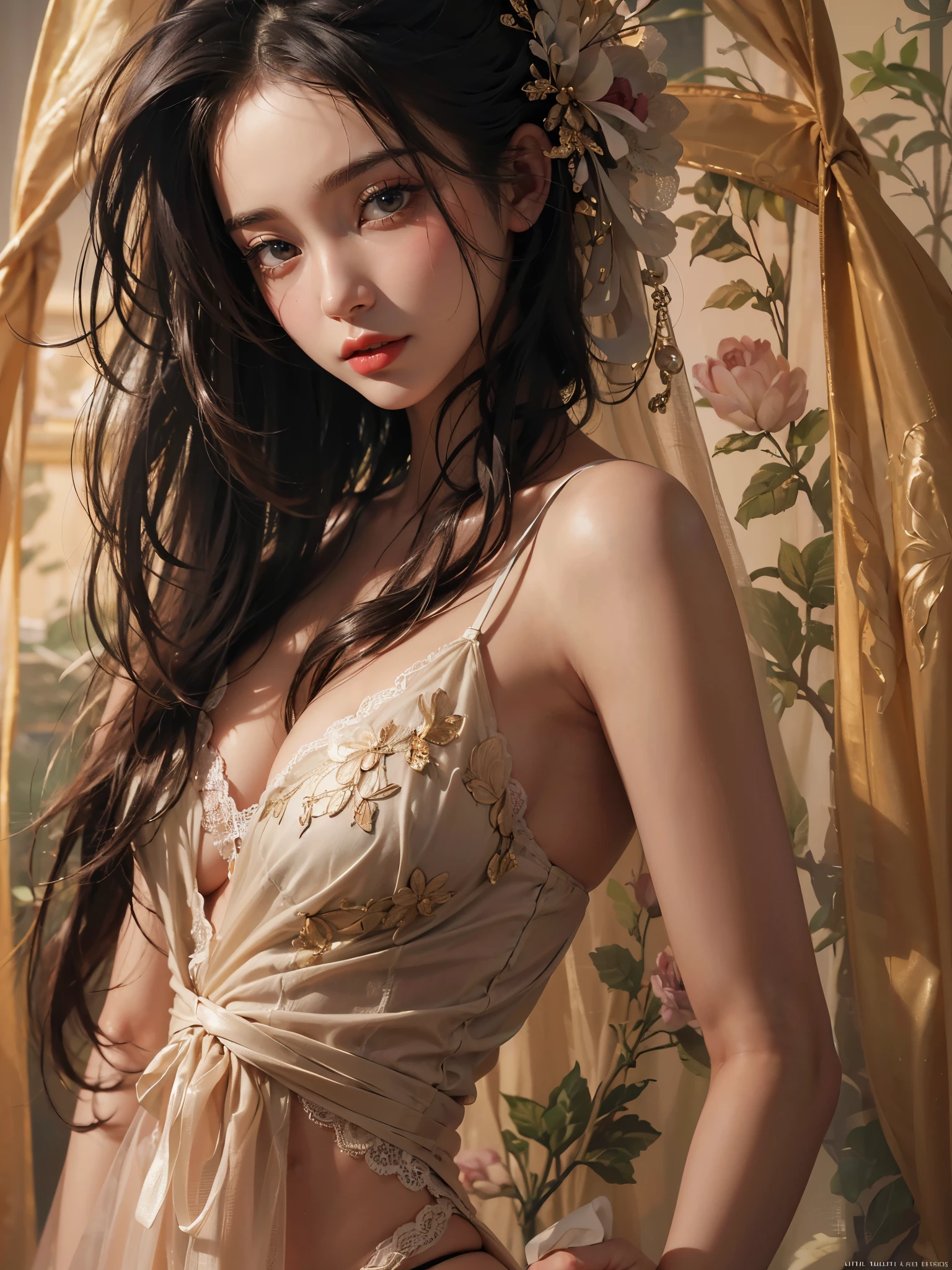 (best quality, masterpiece, ultra detailed, ultra high res, photorealistic, raw photo, absurdres, absolutely resolution:1.5),(best quality color photo of a mysterious beautiful woman in luxury lingerie on a fashion magazine cover, haute couture fashion shoot:1.3),(An extremely delicate and beautiful work:1.2), elegant pose, glamorous fashion pose, (the divine light) simple background, art nouveau, focus on art nouveau suit, luxury fashion,(she is the embodiment of beauty and allure, asian beauty, asian actress), (very delicate lace lingerie, sexy lingerie, elegant and sophisticated fashion, her flowing hair cascades gracefully, perfectly complemented by tasteful and elegant makeup:1.2), black hair, detailed face, looking at viewer, detailed eyes, black eyes, lustrous lips ,cleavage, (large breasts:1.3), nipple ,(camel toe:1.2), skinny physique, beautiful figure, Perfect female body, Gentle and enigmatic expression, High color saturation, surrealism ,
