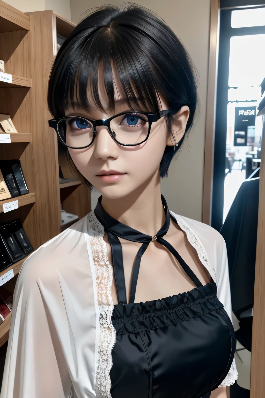 ８ｋ、High resolution、Kanban Lady、beautiful girl、gothic costume、young、white skin,、narrow eyes,high nose,lighting that illuminates the face、clear image、intellectual beauty、skinny、no makeup、anxious look、lighting that illuminates the face,shining hair、single eyelid,blue eyes、at the shop、vivid pose、female clerk,wearing glasses、short hair