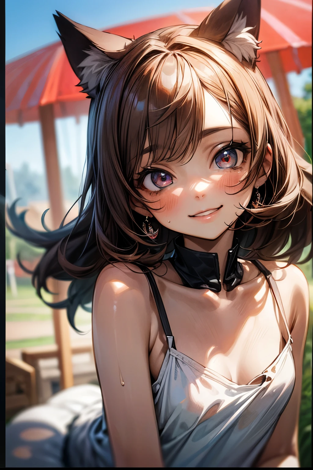 ((Masterpiece)), (Anime:1.3), ((best quality)), (RAW photo: 1.2), (High Definition:1.3), (Professional Photography:1.2), (outside border:1.5), Textured skin, (12 years old), 1girl, (Cute teenage beautiful Girl), Suntanned skin, BREAK, ((best quality)), ((thick lips)), beautiful brown eyes, (Beautiful daiamond eyes:1.5), Cat ears, Pale brown hair, unruly hair, medium hair, ((grinning)), BREAK, ((dirty and very torn white camisole)), (slightly exposed flat chest), Slender body, sweaty, Beautiful flat chest, (kawaii posing:1.4), Everlasting Summer Island,