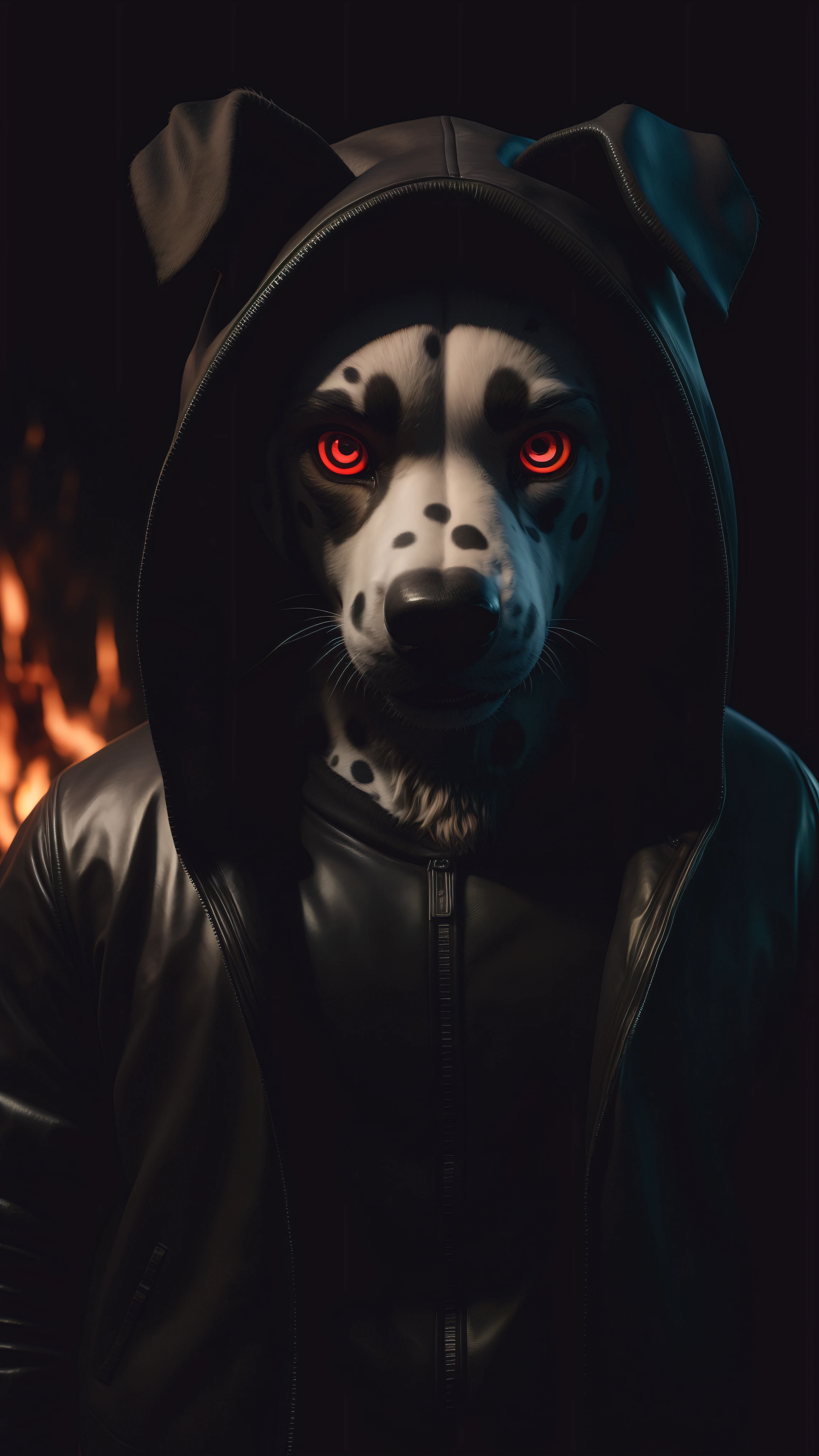 (best quality,4K 8k,highres,masterpiece:1.3),ultra-detailed,(photorealistic:1.37),(dark Dalmatian) Wearing a black jacket, a blue shirt and a black hoodie looking into the viewer's soul Expression of serious glowing red eyes on a dark Fire background Red Moon Cinematic style 5D ultra HDR 62K