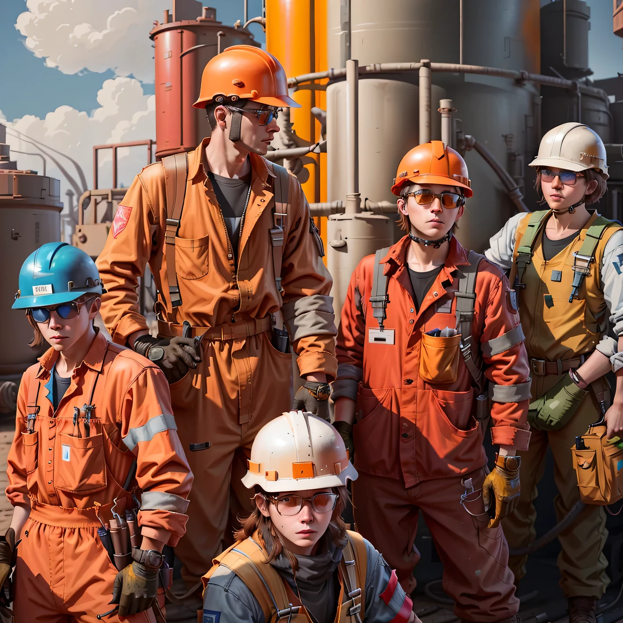 Um grupo de trabalhadores, including two women wearing orange jumpsuits, helmets and safety glasses, posam para uma foto, foto realista, cg arte, Sergei Zabelin, Alexei Egorov, Trabalhadores, detailed game art illustration, O melhor no Adobe Stock, arte chave, Seguro para o trabalho. illustration, Wojtek FUS, oilfield scene, all workers wearing protective glasses, superhero pose, escala 3:2
