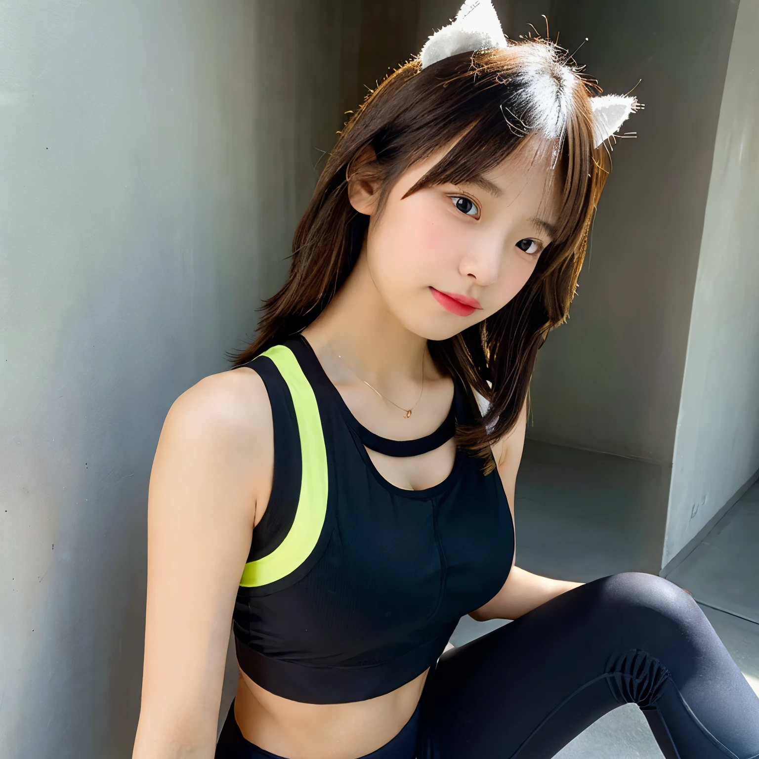 Girl shoulder length hair, wearing sports bra and leggings, bent over towards camera, revealing cleavage
