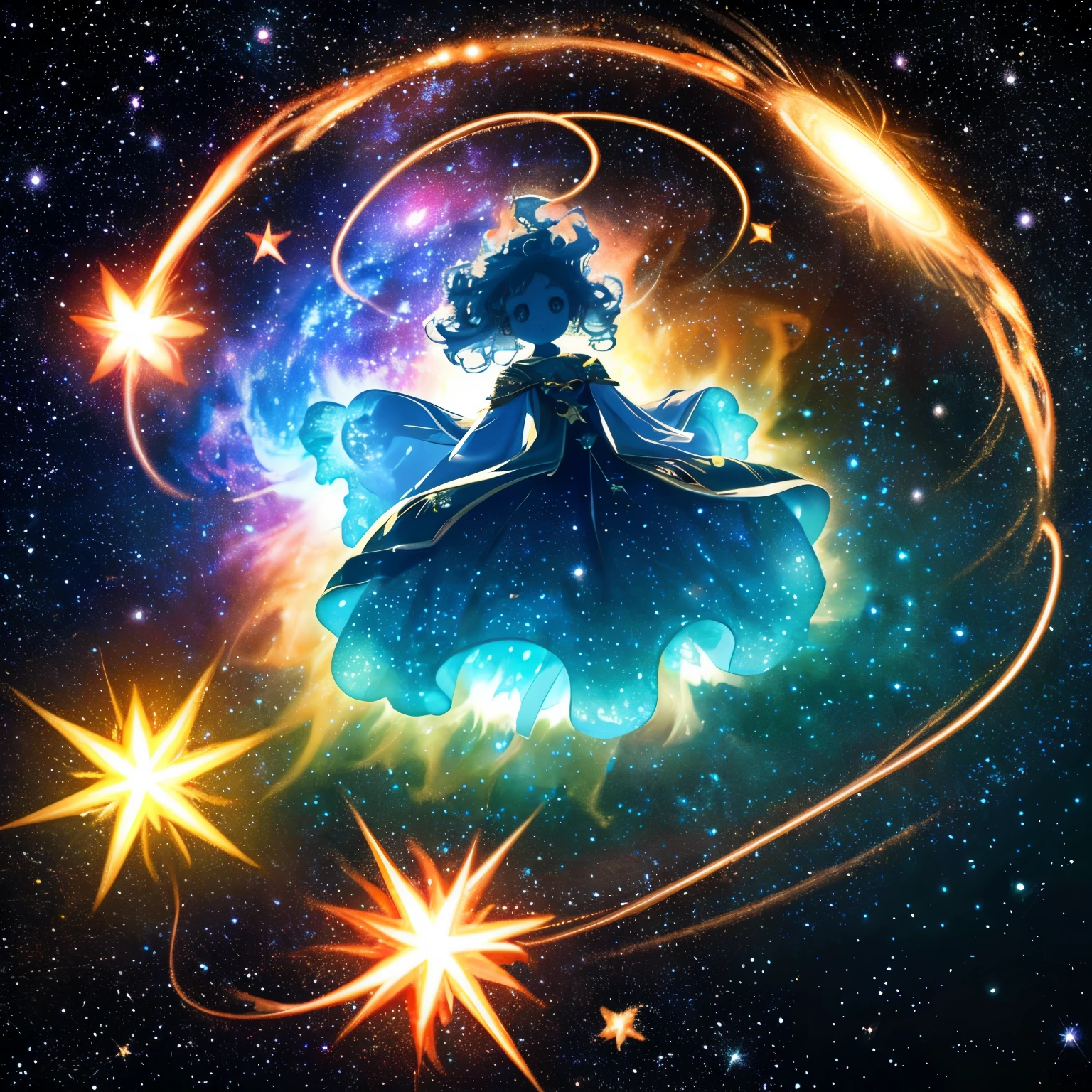 Create a mesmerizing image of a star being born within a swirling cloud of cosmic gas and dust. At the center of the scene, a dense core of matter begins to collapse under its own gravity, triggering the birth of a new star. Radiant tendrils of gas stream outward from the collapsing core, illuminated by the intense heat and pressure of the forming star. Surrounding the nascent star, wisps of glowing gas and dust shimmer with vibrant colors, reflecting the dynamic forces at play. As the star ignites and begins to shine, its brilliance illuminates the surrounding nebula, casting a warm glow over the cosmic landscape. This image captures the dramatic moment of creation, as a new star emerges from the depths of space."