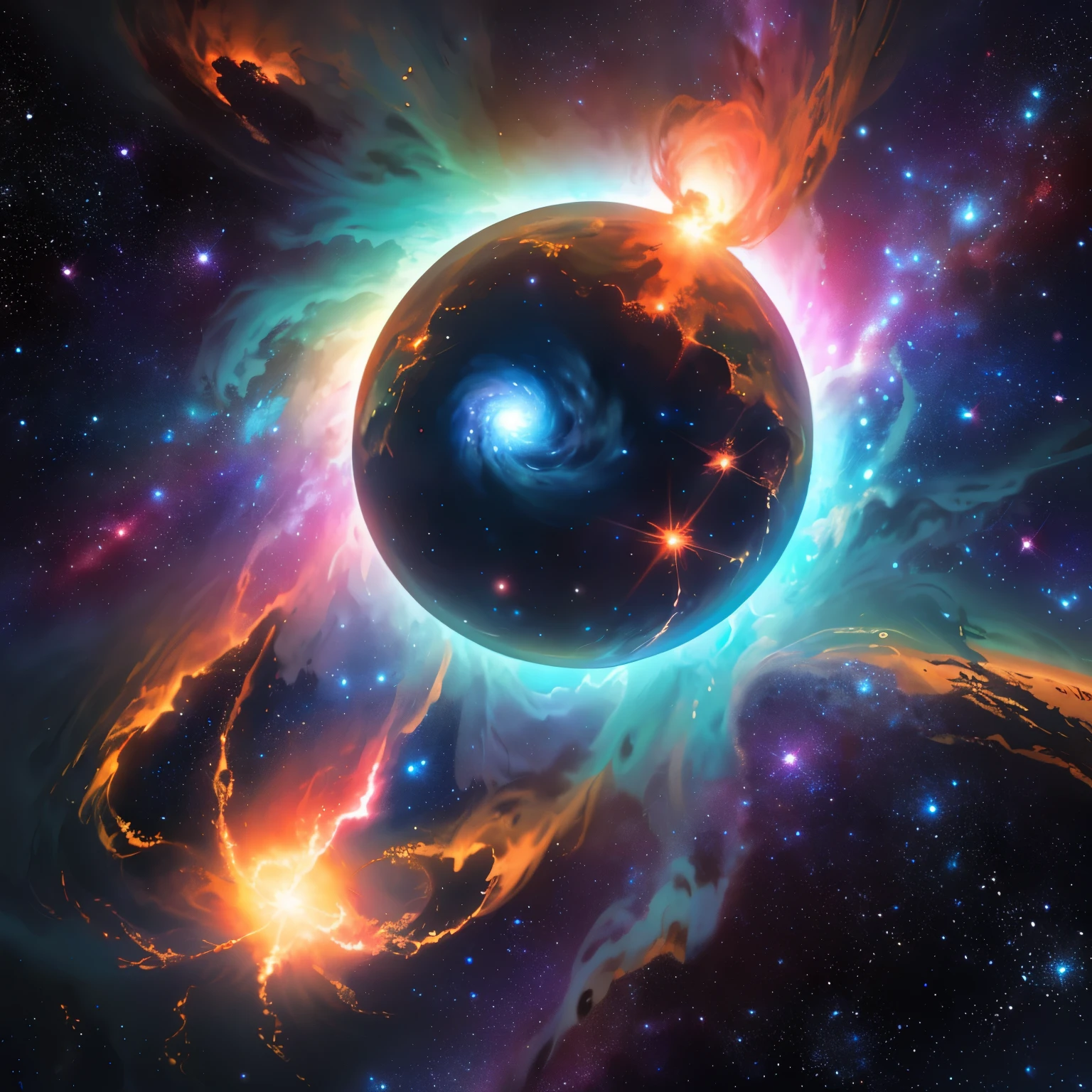 Create a mesmerizing image of a star being born within a swirling cloud of cosmic gas and dust. At the center of the scene, a dense core of matter begins to collapse under its own gravity, triggering the birth of a new star. Radiant tendrils of gas stream outward from the collapsing core, illuminated by the intense heat and pressure of the forming star. Surrounding the nascent star, wisps of glowing gas and dust shimmer with vibrant colors, reflecting the dynamic forces at play. As the star ignites and begins to shine, its brilliance illuminates the surrounding nebula, casting a warm glow over the cosmic landscape. This image captures the dramatic moment of creation, as a new star emerges from the depths of space.