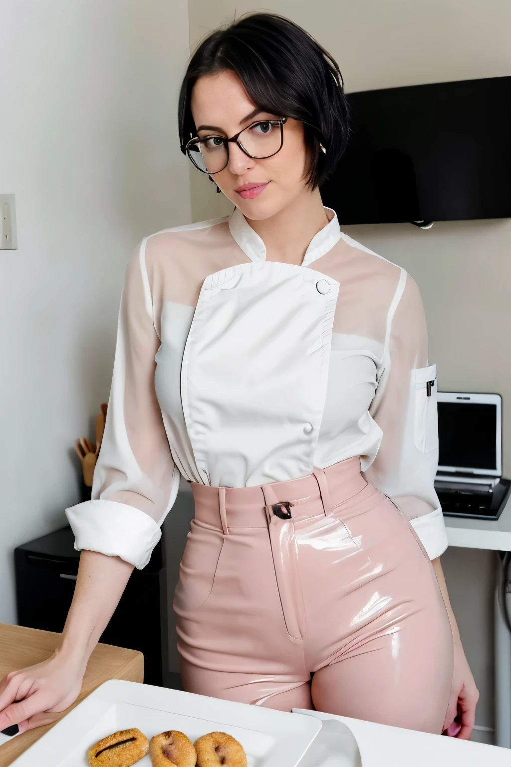 ((best quality)), ((chef-d&#39;artwork)), (detailed), visage parfait
Instagram photo, top down photo of 35 years old.Chloe, british girl, thick girl, short black hair, glasses, green eyes, pale skin, (smile: 0.4), offices, files in hand, very pale skin, blush on cheeks, transparent white shirt , black latex pants, high heels. big ass