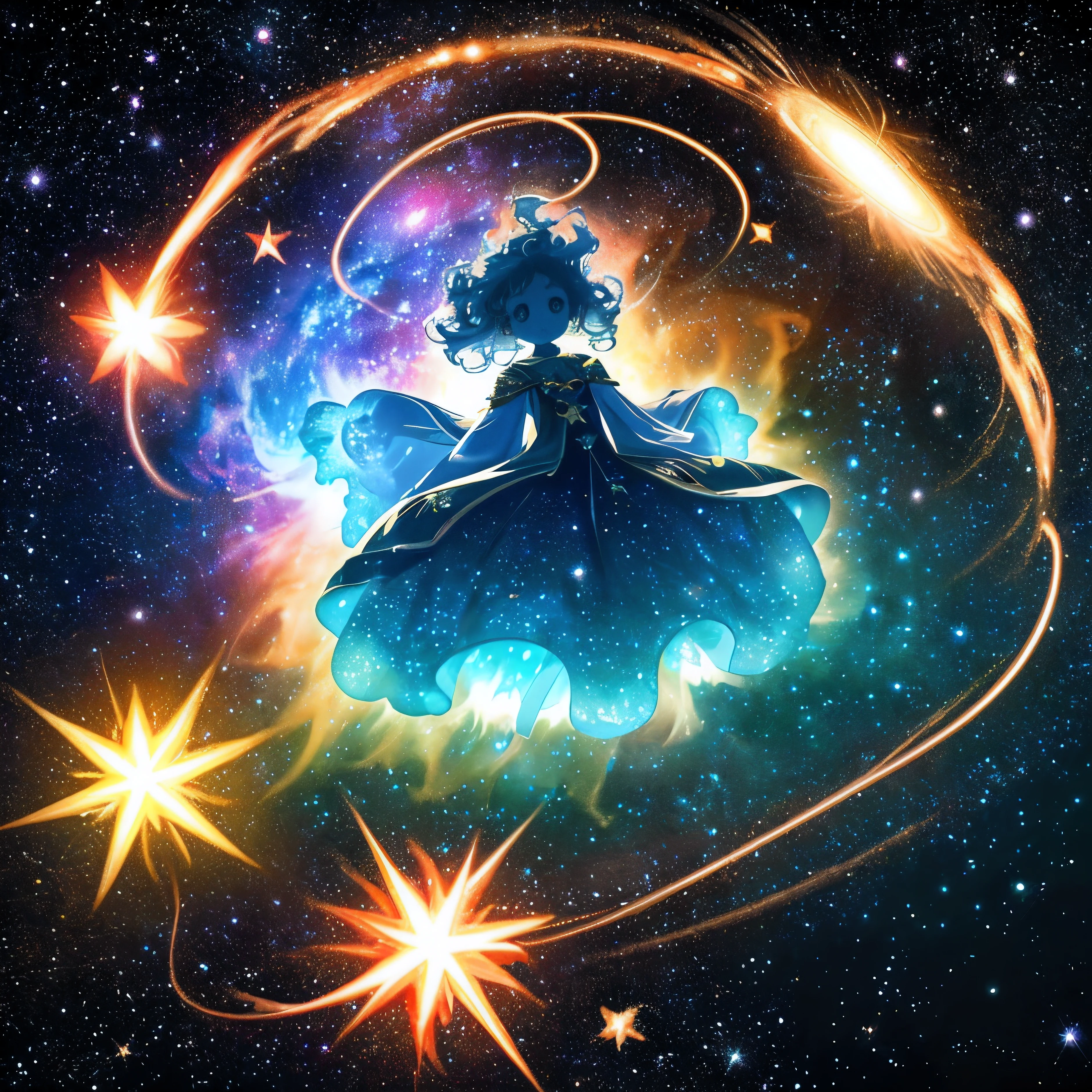 Create a fascinating image of a star being born within a swirling cloud of cosmic gas and dust. No centro da cena, a dense core of matter begins to collapse under its own gravity, desencadeando o nascimento de uma nova estrela. Radiant tendrils of gas flow out of collapsing core, illuminated by the intense heat and pressure of the forming star. Cercando a estrela nascente, wisps of glowing gas and dust glow with vibrant colors, reflecting the dynamic forces at play. As the star lights up and starts to shine, seu brilho ilumina a nebulosa circundante, casting a warm glow over the cosmic landscape. This image captures the dramatic moment of creation, as a new star emerges from the depths of space."