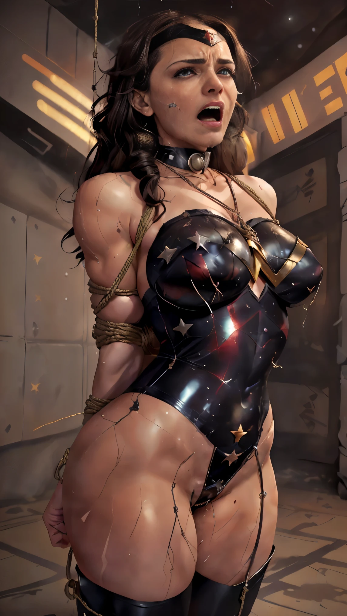 (((mulher maravilha, in outer space))) ,((SUPERHEROINE mulher maravilha IS A FILTHY OLD WHORE)), ((emotional expression,expression of pain and despair, gritando de dor, expression of suffering, olhos arregalados)),(Wonder Woman is standing,  on tiptoe), (She's crying a loa tem cabelo preto, ela tem cabelo longo)), ((She wears a thick metal necklace around her neck...)), (Ela esta vestindo roupas imorais, she is wearing indecent clothes), (obra-prima, melhor qualidade) 1.5, 1 garota, sozinho, (sexy, mulher bonita, rosto perfeito, olhos perfeitos), corpo inteiro. ((She is wearing starry lace panties)), tears running down your face)), ((WonderWoman in Strappado bondage ,arms are bound behind the head, then by use of some method of attachment such as a rope or chain that runs from their wrists to a securing point above, their arms are lifted behind them until the person is forced to bend forward)), (((emotional expression,expression of pain and despair, gritando de dor, expression of suffering, olhos arregalados, expression of fear, corpo se contorcendo de dor)))