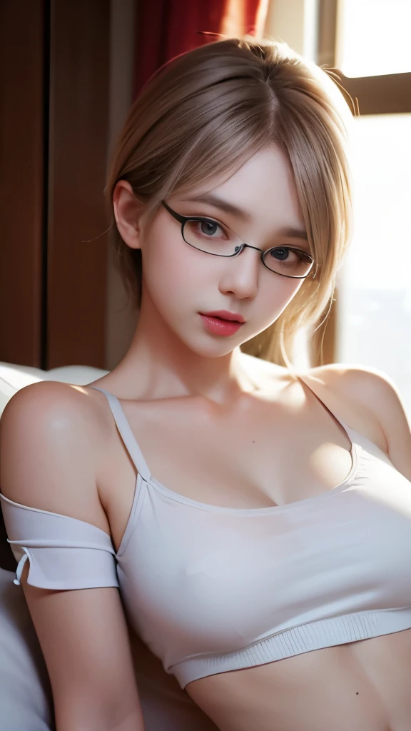 sweet expression, Lying, white glasses, blue dark short hair, (8k, RAW photo, realistic:1.25) ,( lip gloss, eyelash, shiny face, shiny skin, highest quality, ultra high resolution , Depth of the bounds written, chromatic aberration, caustics, wide light, natural shadow, K-POPアイドル) Gazing at the viewer with a calm and goddess-like blissful expression, whole body, big breasts, black stockings, white shirt, secretary、smile、(full shot:1.8)