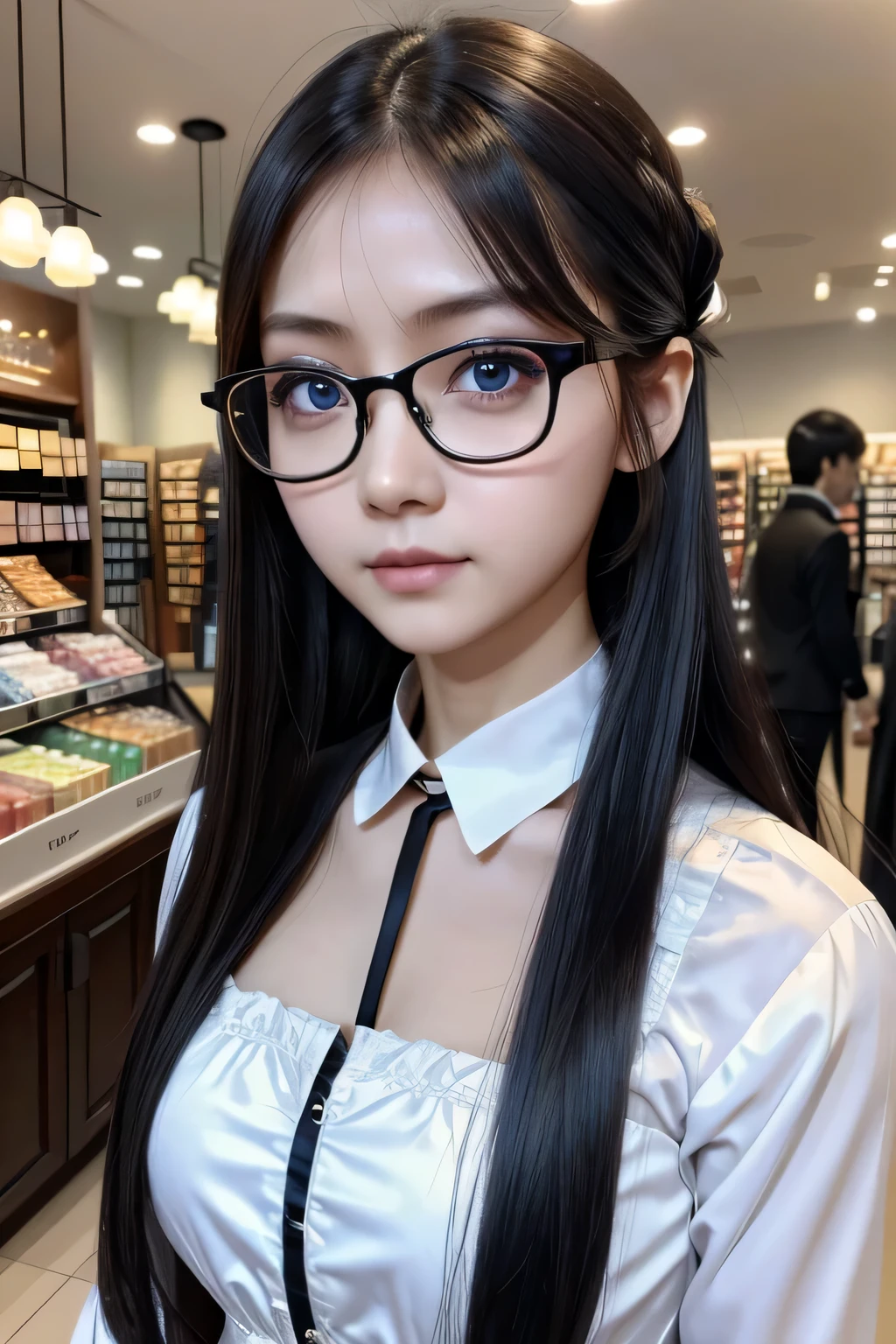 8k、High resolution、Kanban Lady、beautiful girl、gothic costume、young、white skin,、narrow eyes,high nose,lighting that illuminates the face、clear image、intellectual beauty、skinny、no makeup、anxious look、lighting that illuminates the face,shining hair、single eyelid,blue eyes、at the shop、vivid pose、female clerk,wearing glasses、