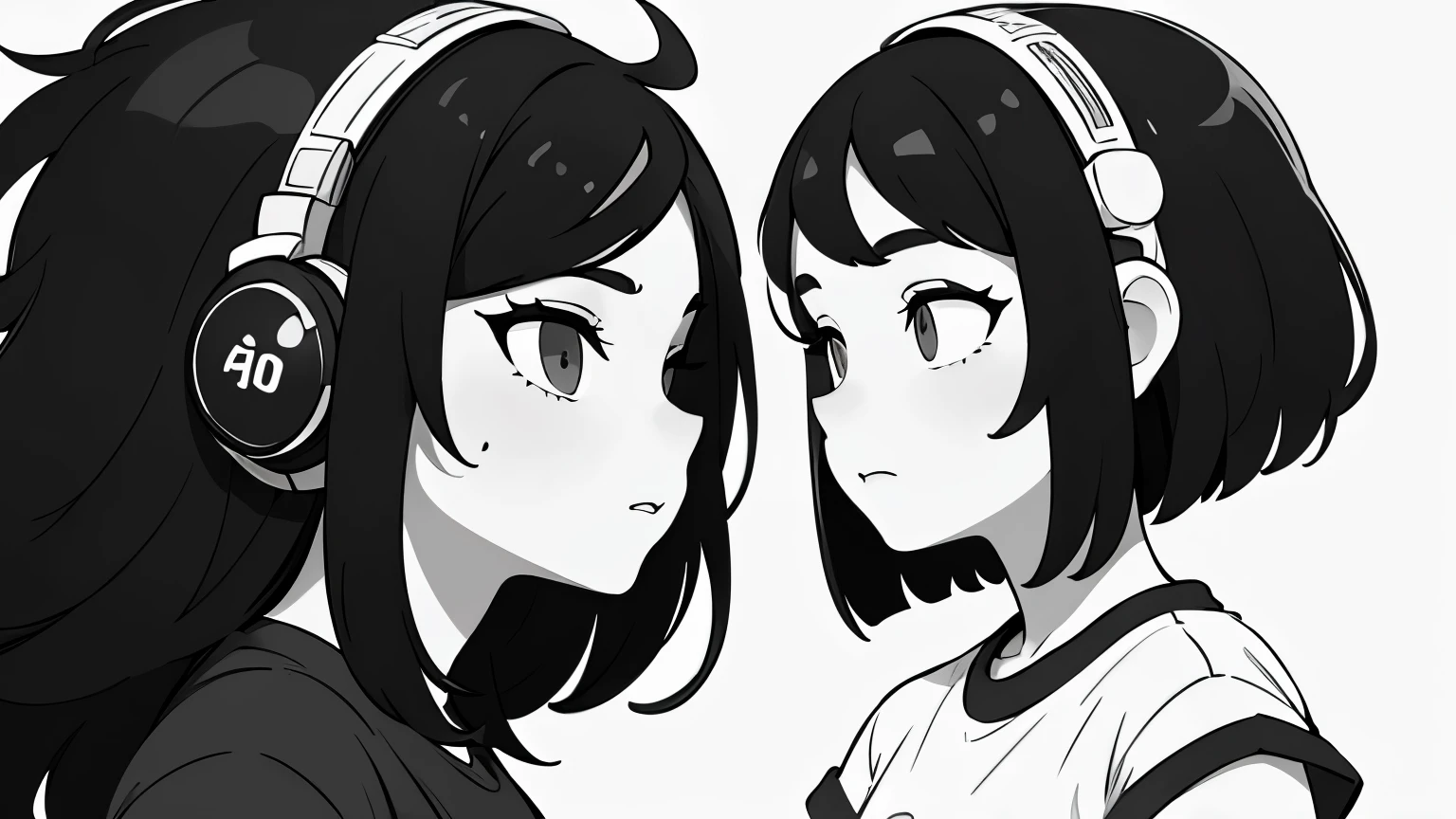 ((best quality)), ((masterpiece)), (detailed), perfect face, A girl, side portrait, black and white, Messy Short Hair, Spicy accessories, Sporty style, Casual T-shirt, Confident gaze, Monochrome color scheme, looking at the side, Chic street fashion, Sloppy hands in pockets posing, cap,((person)),Over-ear headphones, Large ear pads, Luxurious long hair