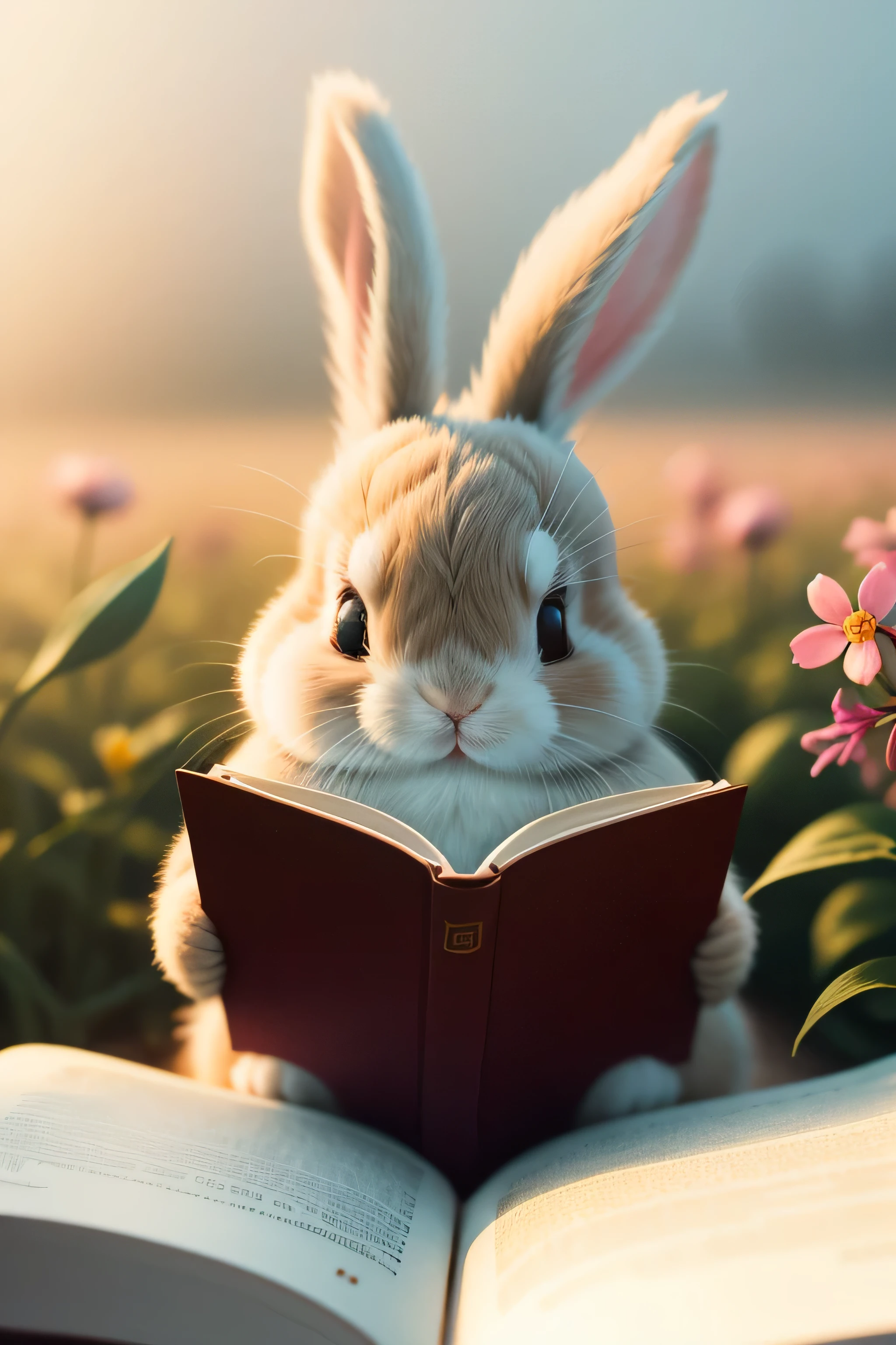Close-up photo of little bunny sitting reading a book,Macro,clean background,depth of field,Large aperture,photography,volumetric fog,halo,flowering,dramatic atmosphere,sunny morning