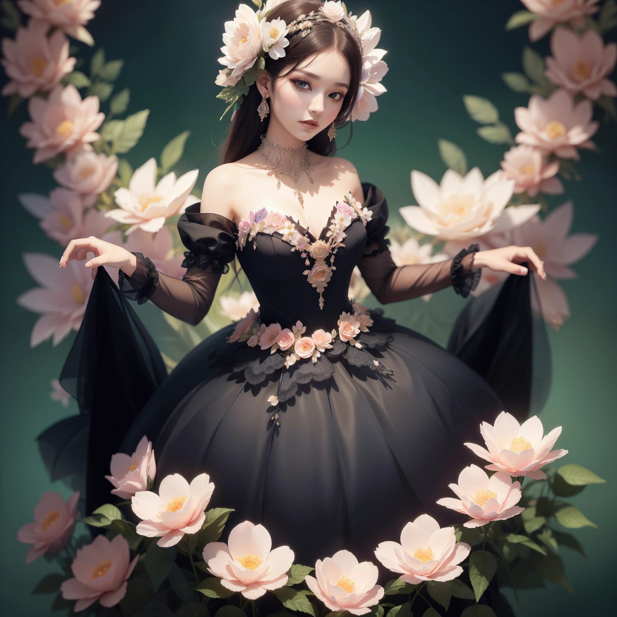 a day of the dead goddess wearing a majestic flowers black dress, big beautiful dress, intricate puffy ball gown with lots of ruffles and rhinestoneasterpiece, Top Quality, Best Quality, Official Art, Beautiful and Aesthetic: 1.2), (1 Flower), Full Body, Extremely Detailed, (Fractal Art: 1.3), Colorful, Most Detailed