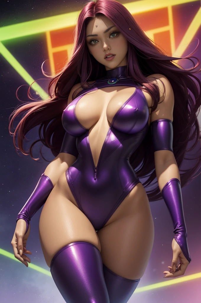 (Obra maestra, Mejor calidad:1.2),  Starfire from the Teen Titans, 1 chica, solo, Pechos, pelo rojo largo y suelto, Noche, Purple metallic bodysuit with a deep V slit at the front opening, descomprimido hasta abajo, mono abierto, solid green glowing eyes, fondo del espacio, manos perfectas, Dedos perfectos, traje diminuto, piel de naranja