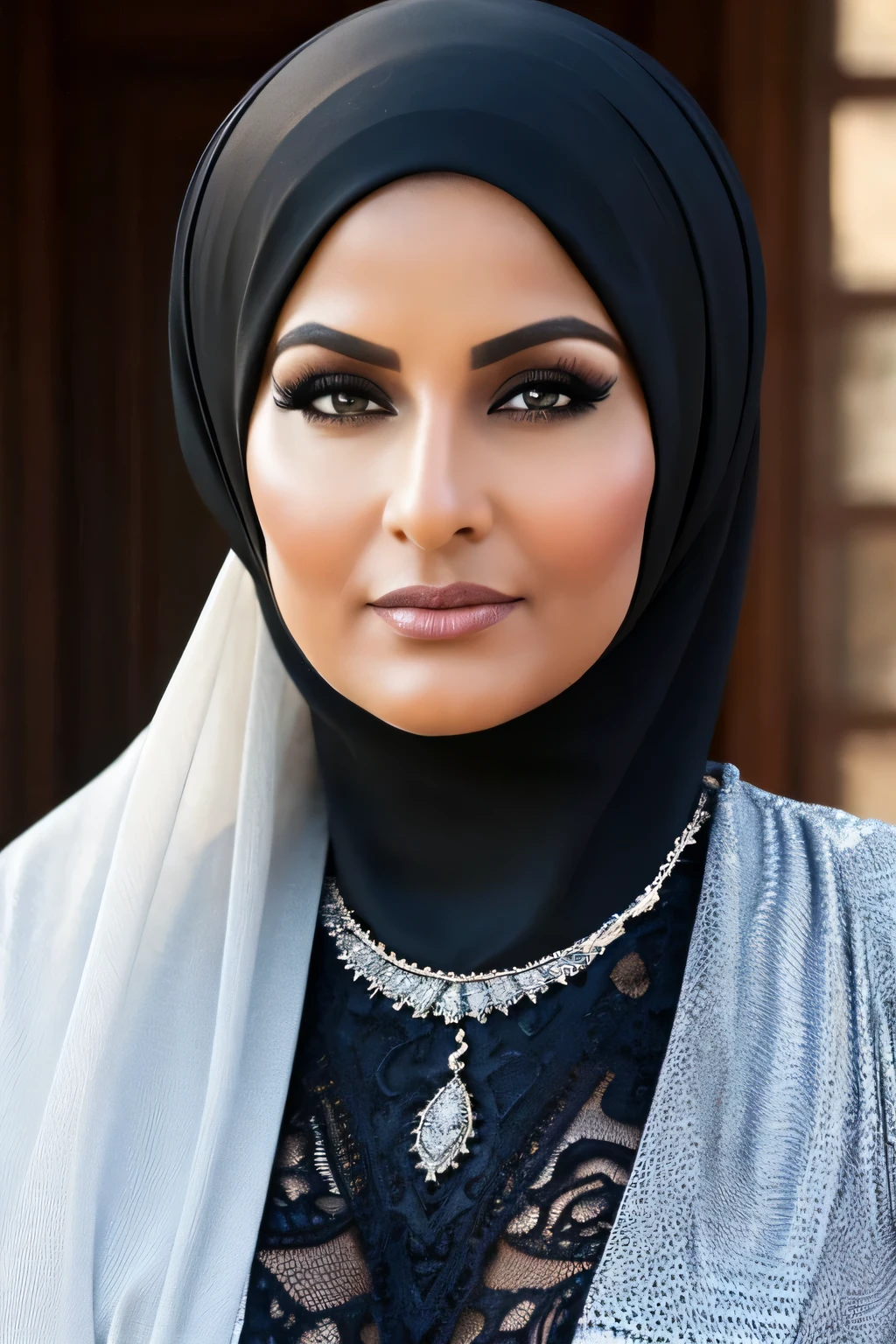 moda gorda, a beautiful 60 year old Arab woman, curvy body, usando um hijab preto, usando um niaq PRETO, usando burca, Realista, Gordinho, intricado, hyper Realista, 8K, intricadoly detailed, cinematic, stunning Realista photography, rosto perfeitamente detalhado, altamente detalhado, vibrante, pele natural, Textura de pele real, octane rendering, cabelo branco, neckless, pulseiras, lindo atemporal, USANDO BLUSA DE RENDA PRETA, corpo volumoso, olhos marcantes e lindos