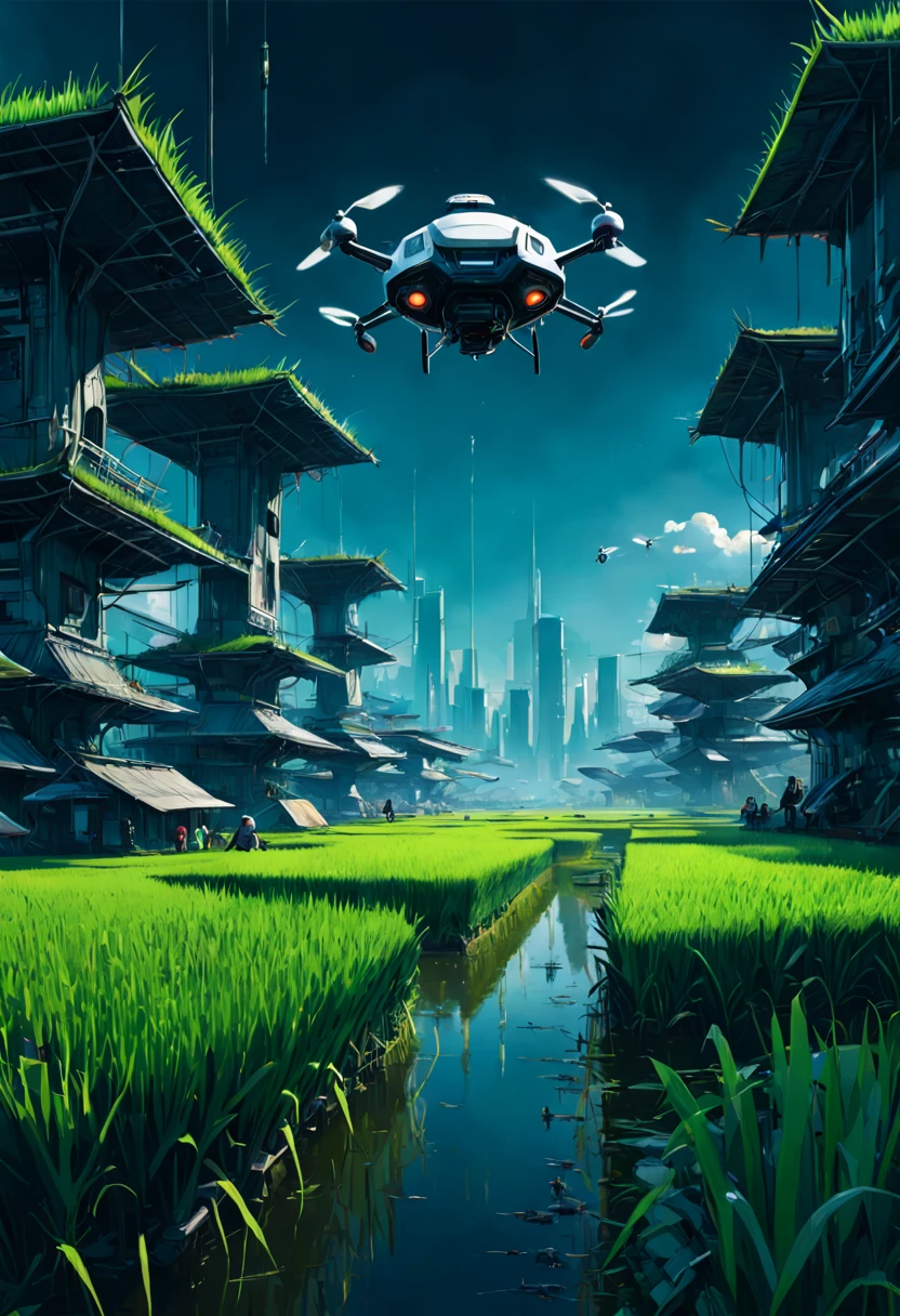 Type of Image: Concept Art Sketch, Subject Description: A futuristic rice paddy with advanced agriculture drones flying overhead, Art Styles: Cyberpunk, Art Inspirations: Syd Mead, Camera: fish-eye, Shot: POV, Render Related Information: detailed, neon lighting, volumetric light, aesthetic