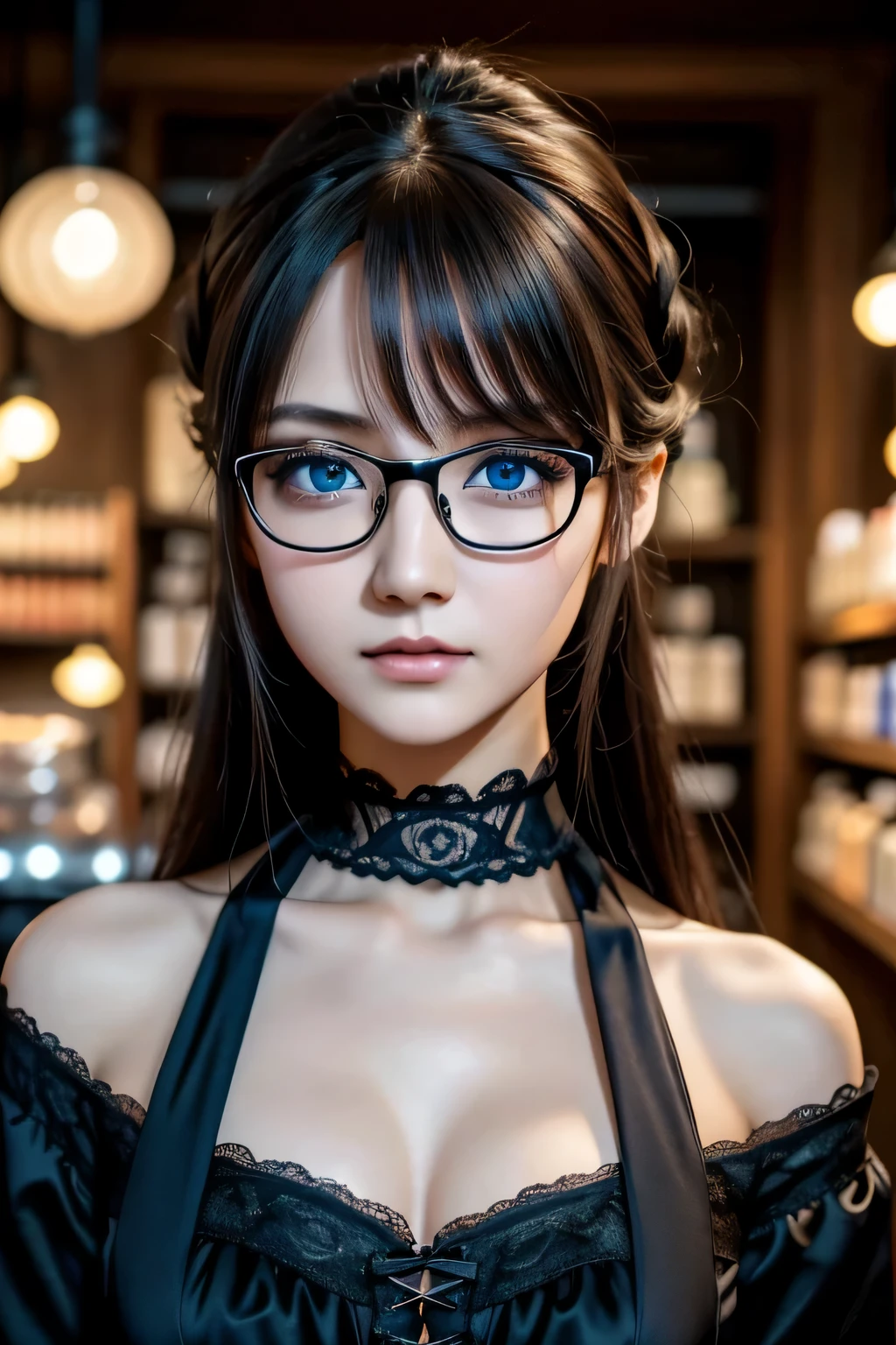 ８ｋ、High resolution、Kanban Lady、beautiful girl、gothic costume、young、white skin,、narrow eyes,high nose,lighting that illuminates the face、clear image、intellectual beauty、skinny、no makeup、anxious look、lighting that illuminates the face,shining hair、single eyelid,blue eyes、at shop、vivid pose、female clerk,wearing glasses