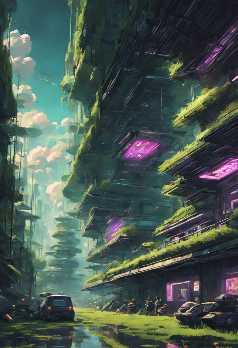 Type of Image: Concept Art Sketch, Subject Description: A futuristic rice paddy with advanced agriculture drones flying overhead, Art Styles: Cyberpunk, Art Inspirations: Syd Mead, Camera: fish-eye, Shot: POV, Render Related Information: detailed, neon lighting, volumetric light, aesthetic