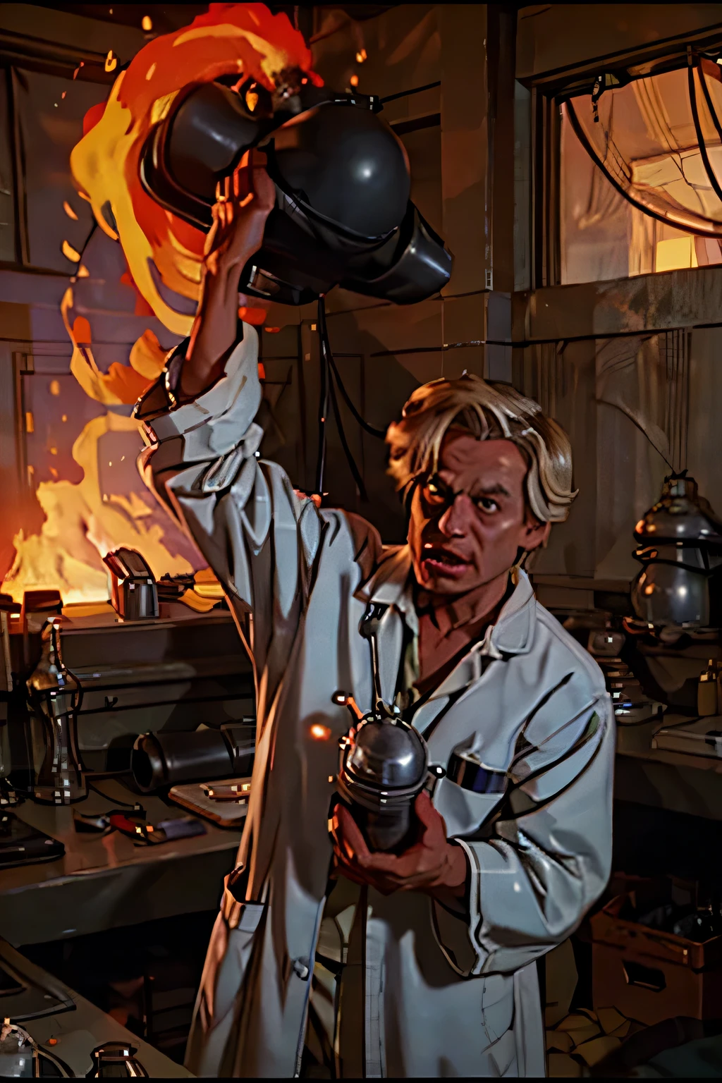 A 2D stylized scientist at a research laboratory holding a flamethrower, 80s retro, blonde male, in a lab coat, dark, horror-themed, adult