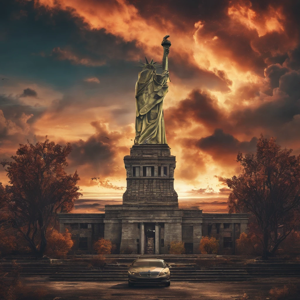 (best quality,4k,8k,highres,masterpiece:1.2),ultra-detailed,(realistic,photorealistic,photo-realistic:1.37),apocalyptic mode,statue of liberty,ruined,desolate,fire,smoke,dark sky,destroyed cityscape,crumbling buildings,chaos,abandoned streets,overgrown vegetation,ruins,decay,dystopian,post-apocalyptic,ominous atmosphere,dramatic lighting,destruction,desperation,loneliness,moody,color grading,apocalyptic clouds,devastation.