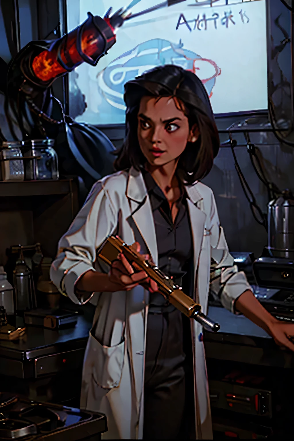 A 2D stylized scientist at a research laboratory holding a flamethrower, 80s retro, dark hair, female, in a lab coat, dark, horror-themed, adult