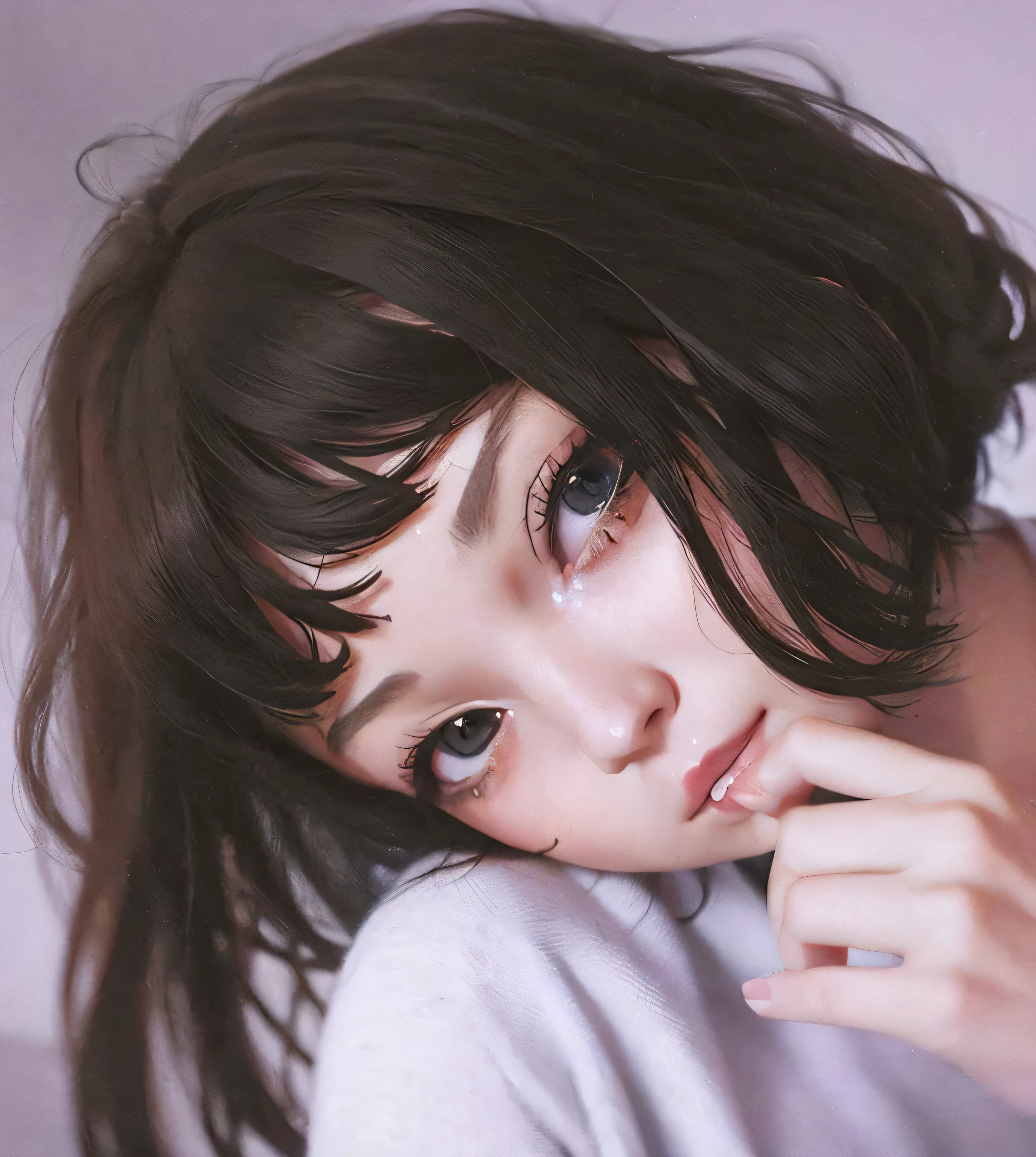 pintura de uma mulher com um olhar triste em seu rosto, estilo de realismo de anime, Kuvshinov Ilya, kuvshinov, Retrato realista kawaii, pintura realista de linda garota, Breathtaking Ilya Kuvshinov, anime realism, ( Ilya Kuvshinov ), Arte digital Ilya Kuvshinov, estilo de arte anime realista, Rosto de Ilya Kuvshinov
