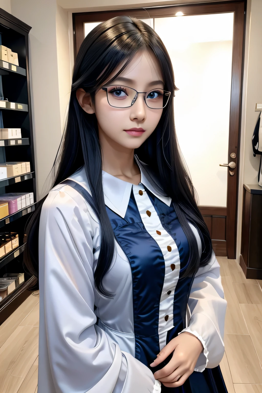 8k、High resolution、Kanban Lady、beautiful girl、gothic costume、young、white skin,、narrow eyes,high nose,lighting that illuminates the face、clear image、intellectual beauty、skinny、no makeup、anxious look、lighting that illuminates the face,shining hair、single eyelid,blue eyes、at shop、vivid pose、female clerk,wearing glasses