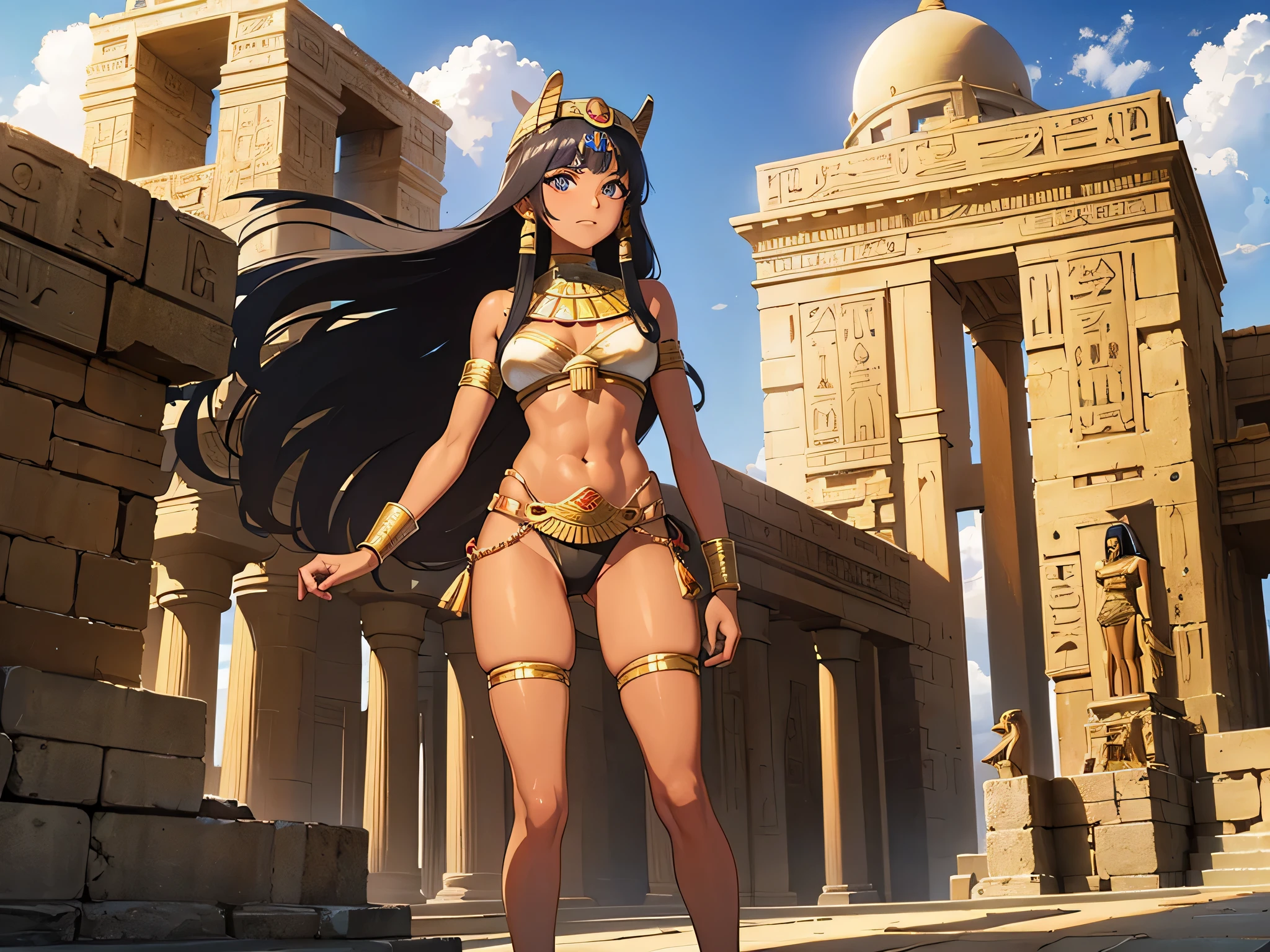 Egyptian goddess, tanned skin, 20 years, correspond, standing in an Egyptian temple