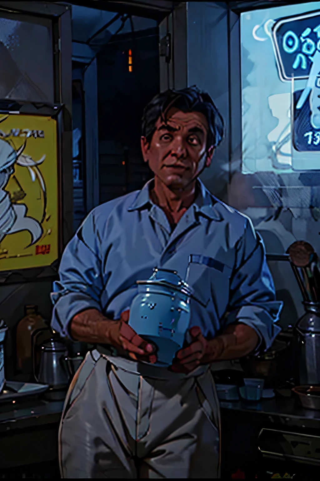 A 2D stylized Janitor at a research laboratory holding a beaker, 80s movie poster, in dark blue jeans, dress shirt top white and bottom light blue, dark, horror-themed, adult, hand painted (best quality, masterpiece) neon lights