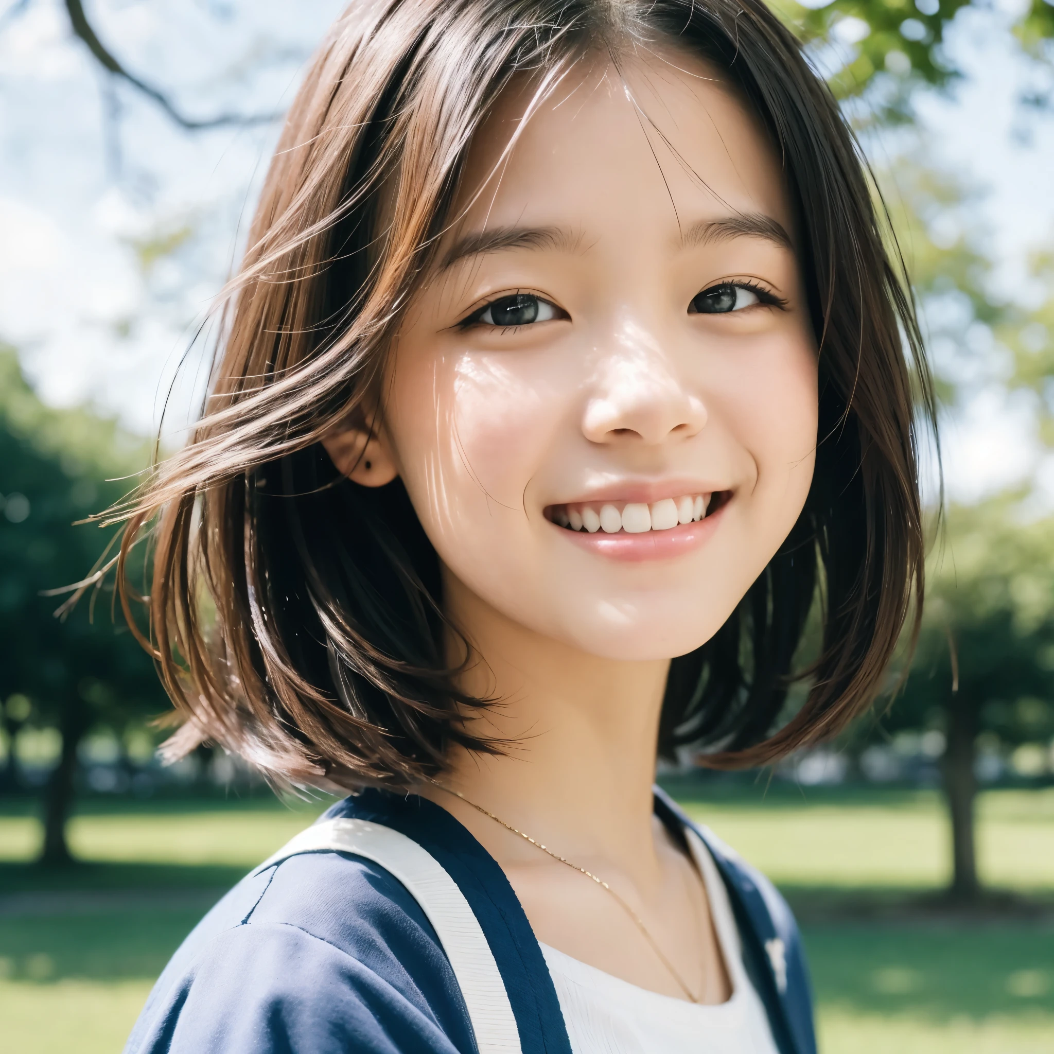 girl, solo, smile, medium hair, in the park, on a sunny day, soft lighting
