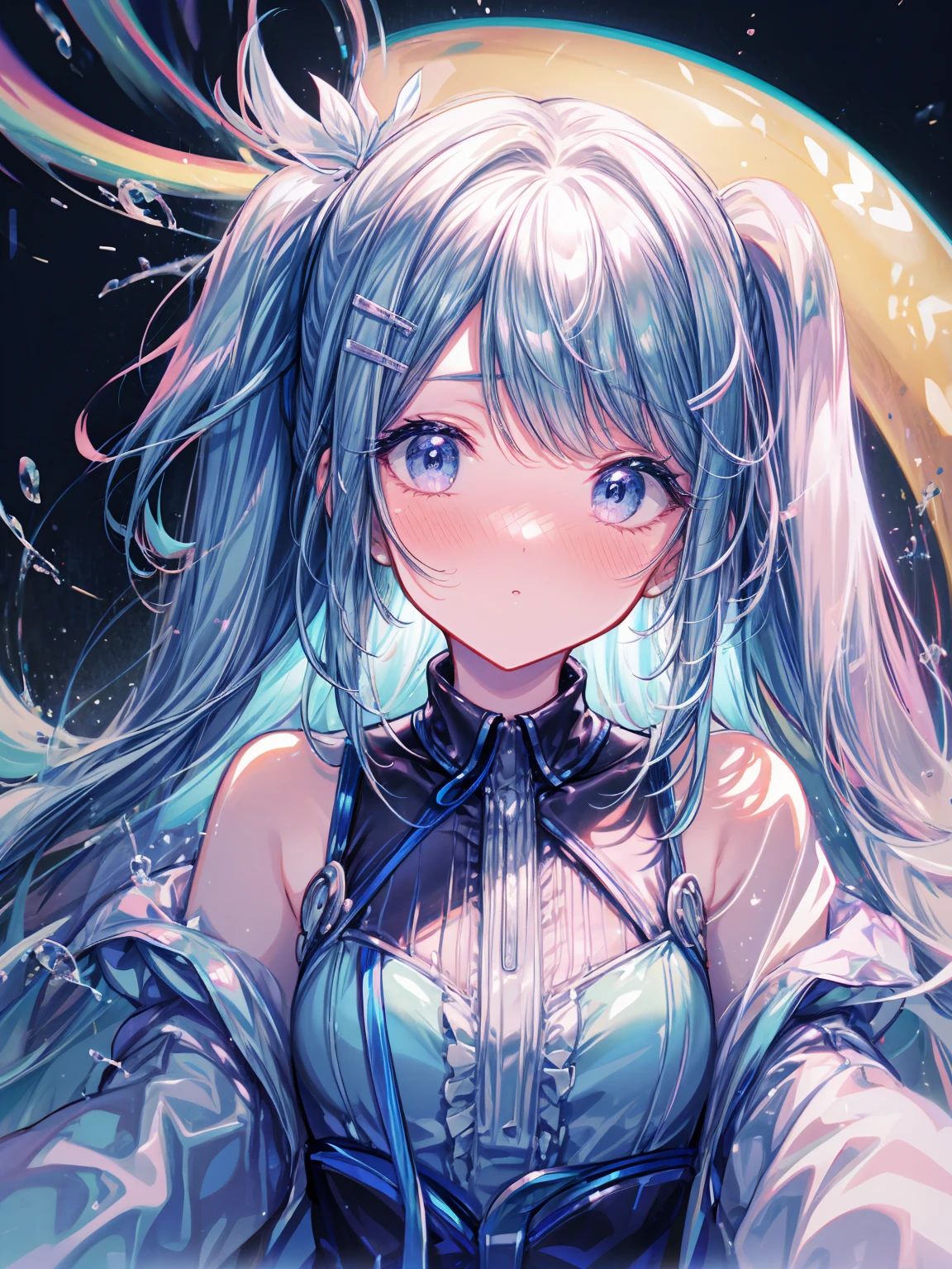 BREAK (masterpiece, best quality), (ultra-detailed 8K), (perfect design), absurdres, highres, ((blush)), (super fine illustration), ((light blue long hair))), , long hair ((blush)), masterpiece, best quality, (amazing, beautiful detailed eyes, blunt bangs), wearing dress, soft anime illustration, pixiv, cute anime girl, (anime girl), cute anime, digital art on pixiv, anime illustration, kawaii reality portrait, cute anime girl portrait, clean detailed anime art, pixiv contest winner, cute anime girl portrait, splash art anime