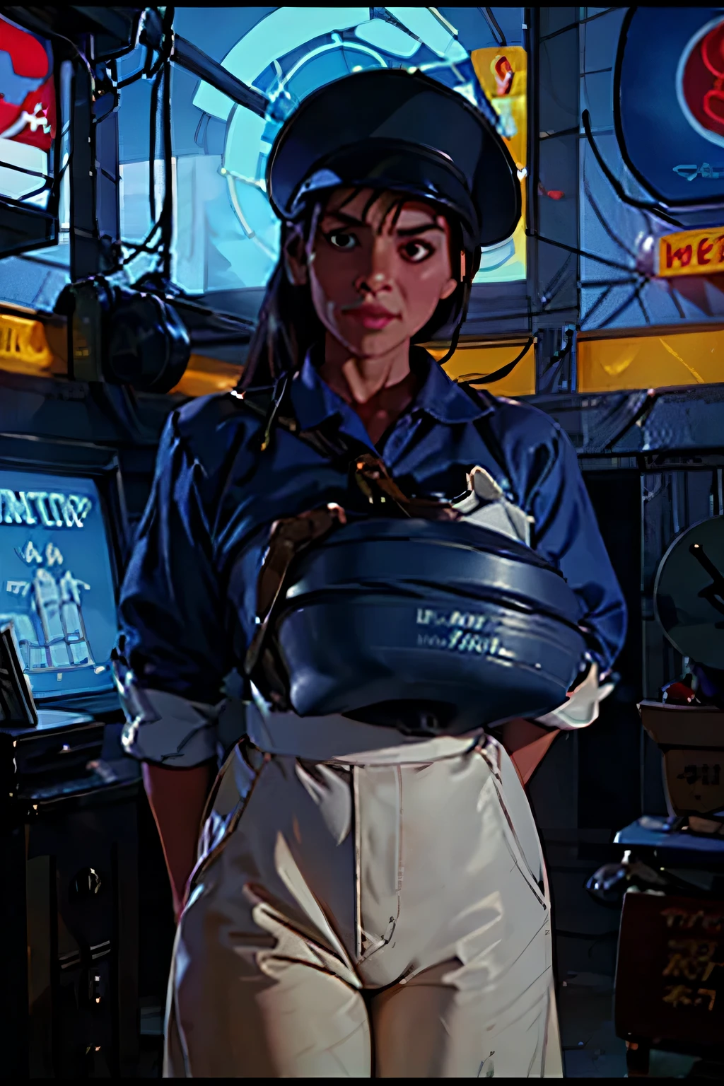 A 2D stylized Janitor at a research laboratory holding in dark blue jeans, dress shirt top white and bottom light blue, wearing a cap, 80s movie poster, dark, horror-themed, adult, hand painted (best quality, masterpiece) neon lights