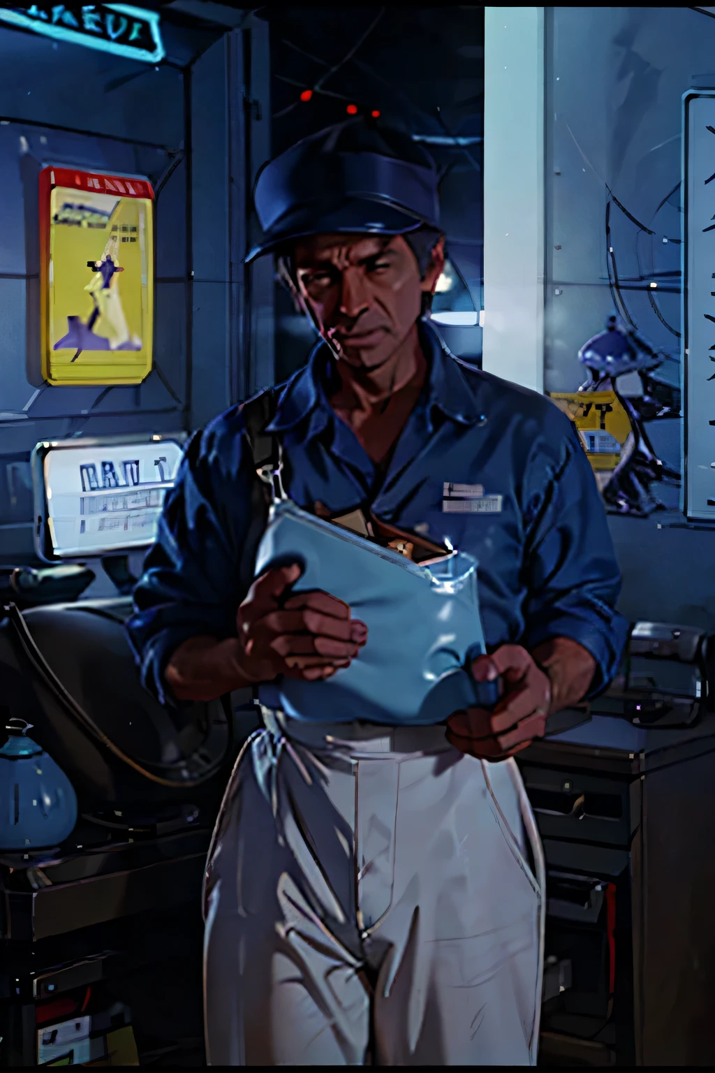 2D image, Janitor at a research laboratory holding in dark blue jeans, dress shirt top white and bottom light blue, wearing a cap, 80s movie poster, dark, horror-themed, adult, hand painted (best quality, masterpiece) neon lights