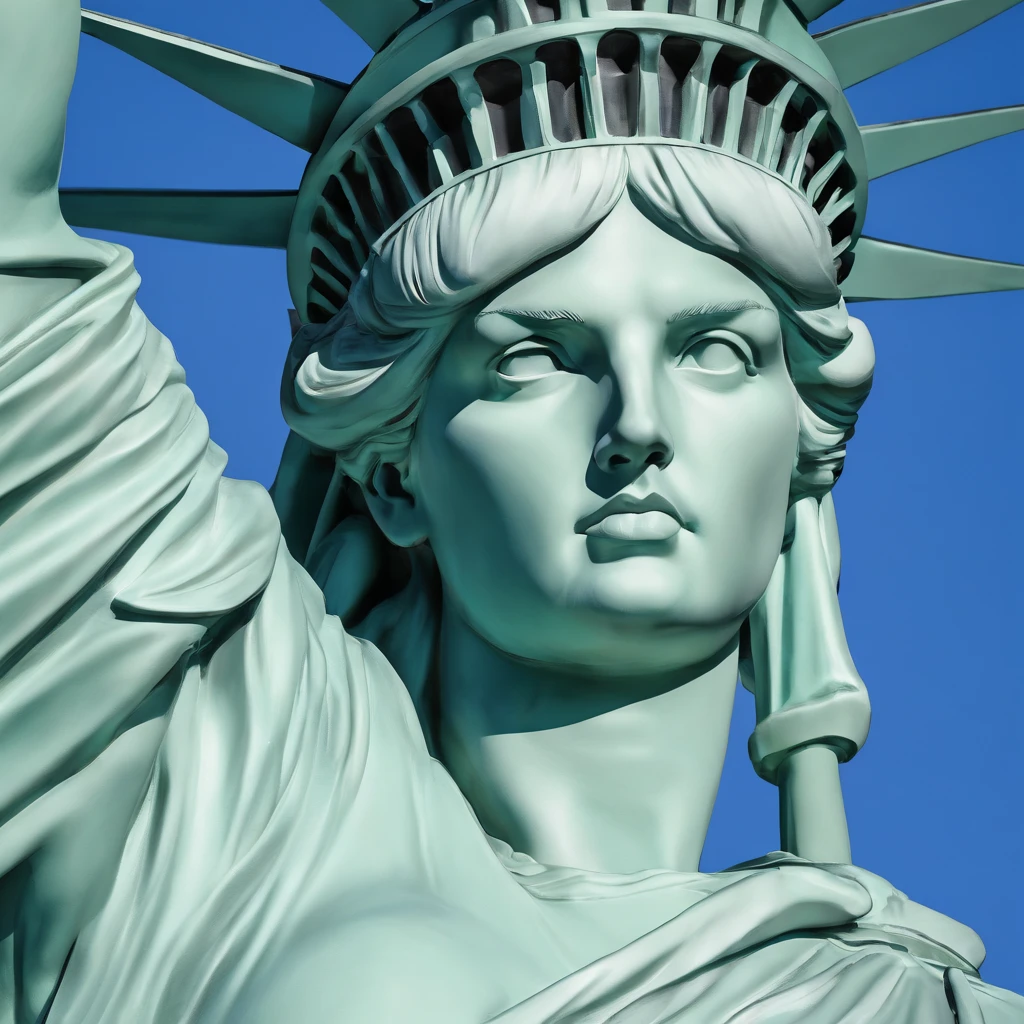 The Statue of Liberty is a prominent symbol of freedom and liberty. It is a colossal neoclassical sculpture located on Liberty Island in New York Harbor. The statue depicts a robed female figure representing Libertas, the Roman goddess of freedom and was a gift from France to the United States. 

Photo-realistic close-up of the Statue of Liberty with extreme detail description, capturing the intricate facial features, including beautifully sculpted eyes, detailed lips, and a graceful expression. 

Best quality high-resolution image (4k, 8k, or masterpiece:1.2) showcasing the stunning craftsmanship and precision of the statue. 

The statue stands tall against a backdrop of a golden sunset and a clear blue sky, creating a vibrant and vivid color palette. 

Studio lighting illuminates the statue, highlighting its majestic presence. 

The Statue of Liberty is portrayed in a classical art style, reminiscent of neoclassical sculpture, paying homage to the historical significance and artistry of the statue. 

The statue is surrounded by lush greenery and a serene waterfront, adding a sense of tranquility to the scene. 

In the distance, a bustling cityscape can be seen, symbolizing the location of the statue and its connection to the thriving metropolis of New York City. 

Overall, the prompt captures the grandeur, beauty, and symbolic value of the Statue of Liberty, inviting Stable Diffusion to generate a visually stunning and iconic representation of this national monument.
