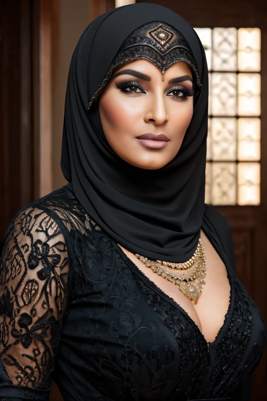 moda gorda, a beautiful 60 year old Arab woman, curvy body, usando um hijab preto, usando um niaq PRETO, usando burca, Realista, Gordinho, intricado, hyper Realista, 8K, intricadoly detailed, cinematic, stunning Realista photography, rosto perfeitamente detalhado, altamente detalhado, vibrante, pele natural, Textura de pele real, octane rendering, cabelo branco, neckless, pulseiras, lindo atemporal, USANDO BLUSA DE RENDA PRETA, corpo volumoso, olhos marcantes e lindos