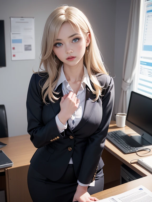(best quality, 8k, highres, photorealistic:2.0), (solo, one girl:2.0),(lighting: front),(lighting: strong),(ultimate beautiful girl:2.0),(shiny skin),(oily skin),(platinum blonde hair:1.5),Blush brown makeup , dark eye makeup , use pink glossy lipstick,(big eyes girl:1.5),(woman with slender figure:1.5),(Photographed in the sophisticated office of an information technology company:1.8),(elite business woman:1.8),(girl amazing sex appeal:1.5),(ultimate eleance),(ultimate erotic),(Career woman who can work very well),(I'm so absorbed in work that I don't have a boyfriend),(woman not interested in love),(I'm not interested in fashion),(I wear accessories that do not interfere with my work.),(she has no love experience at all),(she feels alone),(She is not good at talking to men),(she is shy and silent),(I don't want to stand out and I'm concerned about people's attention),(She has a dark personality and negative thoughts.),(she suffers from depression),(She has many complexes and has no one to rely on.),(wearing business clothes),(A woman who takes her work seriously),(I'm a little unwell),(She has a hobby that she cannot tell anyone about, and that is masturbation.)