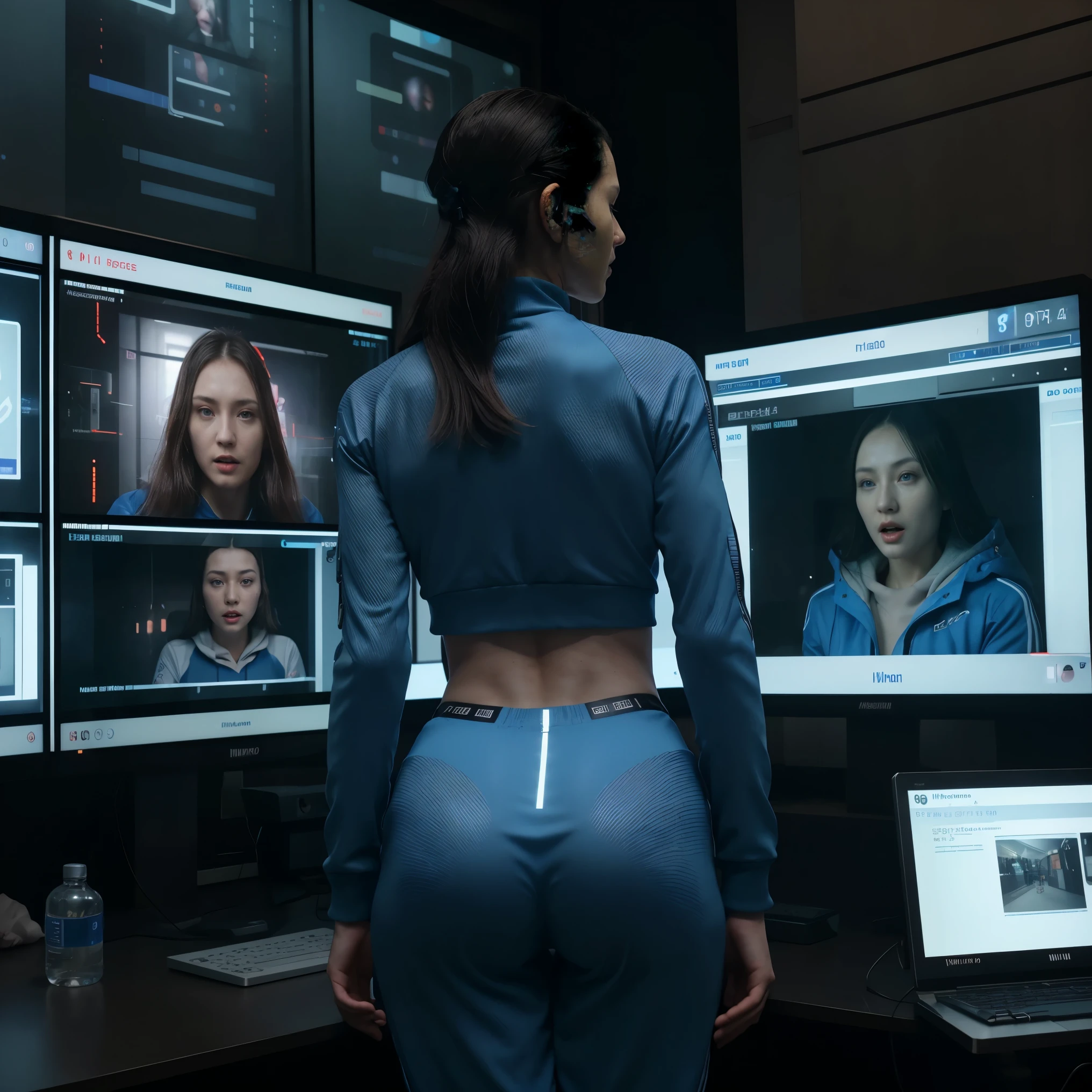 Prompt: Surveillance room with Ukrainian man in blue tracksuit observing sleeping women on monitor, futuristic setup with high-tech surveillance monitors, detailed, cinematic, ethereal lighting, Dunhuang-inspired backdrop, Monster Scream element, complex composition, 8K analog photo, realistic film quality, photographed using Nikon F401, hyper-realistic, detailed electronics, wires, buttons, LCD, mysterious atmosphere, 4K HDR, from behind perspective, by a master class artist
