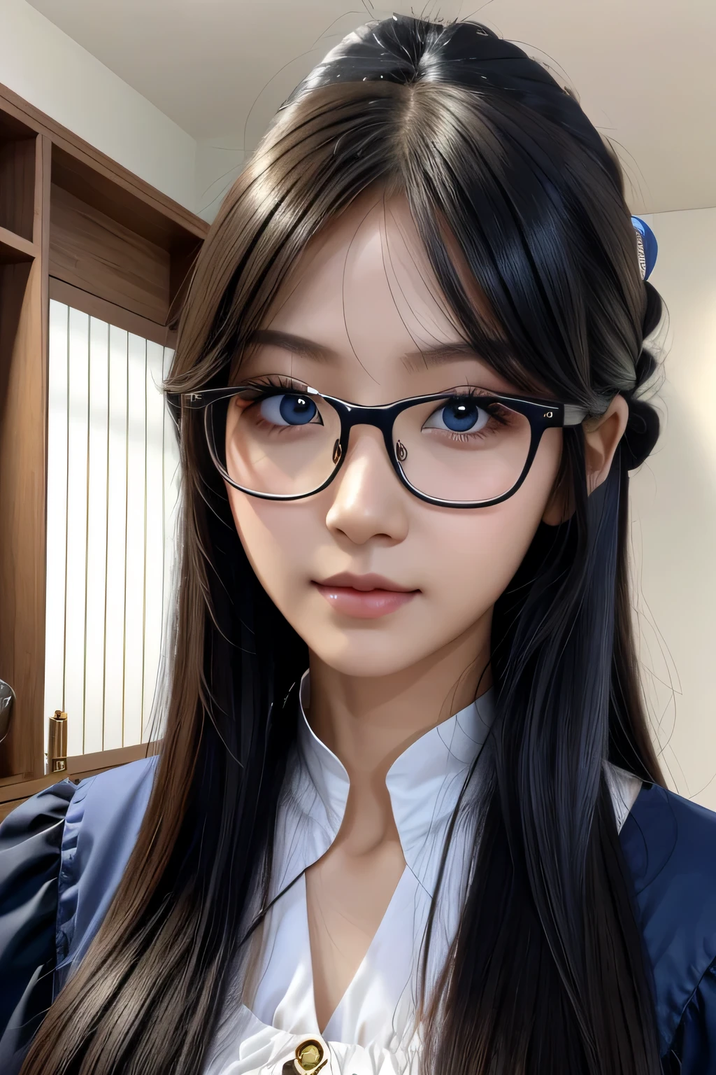 8k、High resolution、Kanban Lady、beautiful girl、gothic costume、young、white skin,、narrow eyes,high nose,lighting that illuminates the face、clear image、intellectual beauty、skinny、no makeup、anxious look、lighting that illuminates the face,shining hair、single eyelid,blue eyes、at shop、vivid pose、female clerk,wearing glasses