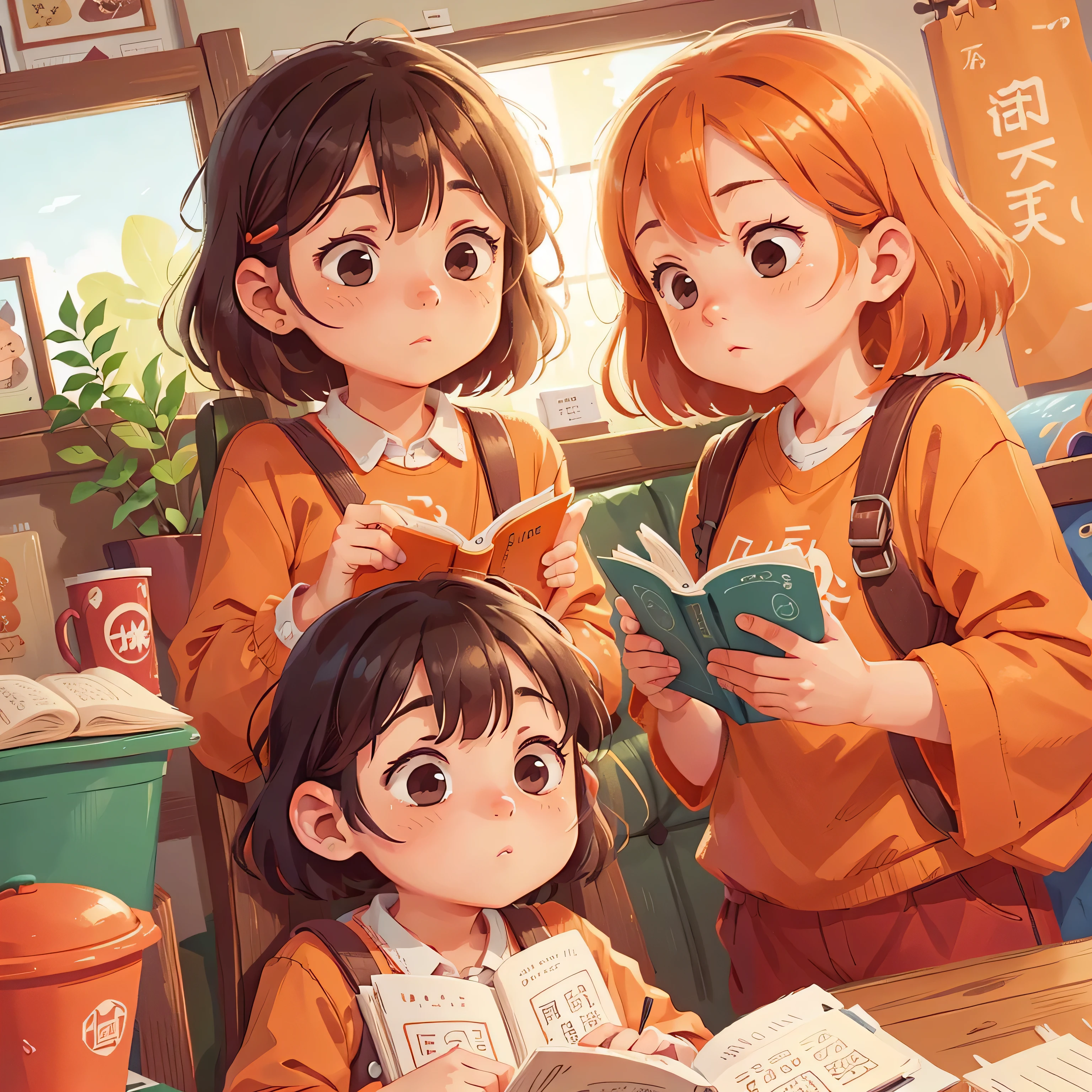 some people are reading、Illustration style required, and the color is orange