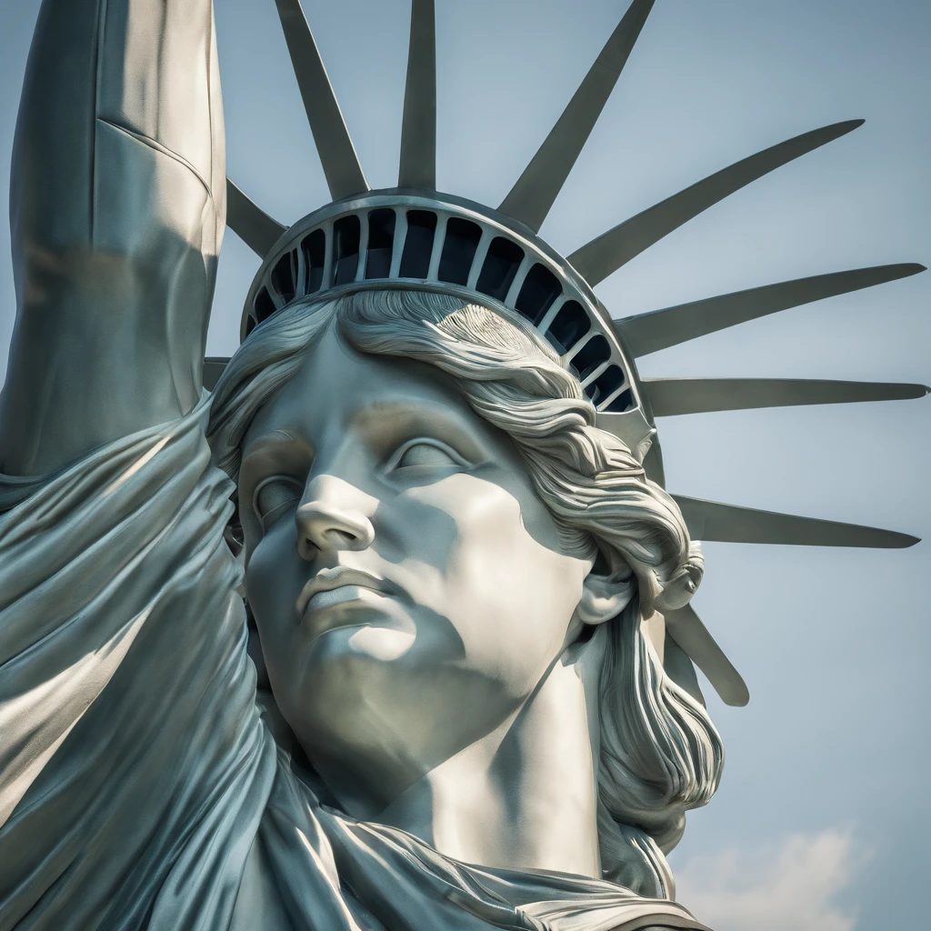 The Statue of Liberty is a prominent symbol of freedom and liberty. It is a colossal neoclassical sculpture located on Liberty Island in New York Harbor. The statue depicts a robed female figure representing Libertas, the Roman goddess of freedom and was a gift from France to the United States. Photo-realistic close-up of the Statue of Liberty with extreme detail description, capturing the intricate facial features, including beautifully sculpted eyes, detailed lips, and a graceful expression. Best quality high-resolution image (4k, 8k, or masterpiece:1.2) showcasing the stunning craftsmanship and precision of the statue. The statue stands tall against a backdrop of a golden sunset and a clear blue sky, creating a vibrant and vivid color palette. Studio lighting illuminates the statue, highlighting its majestic presence. The Statue of Liberty is portrayed in a classical art style, reminiscent of neoclassical sculpture, paying homage to the historical significance and artistry of the statue. The statue is surrounded by lush greenery and a serene waterfront, adding a sense of tranquility to the scene. In the distance, a bustling cityscape can be seen, symbolizing the location of the statue and its connection to the thriving metropolis of New York City. Overall, the prompt captures the grandeur, beauty, and symbolic value of the Statue of Liberty, inviting Stable Diffusion to generate a visually stunning and iconic representation of this national monument.