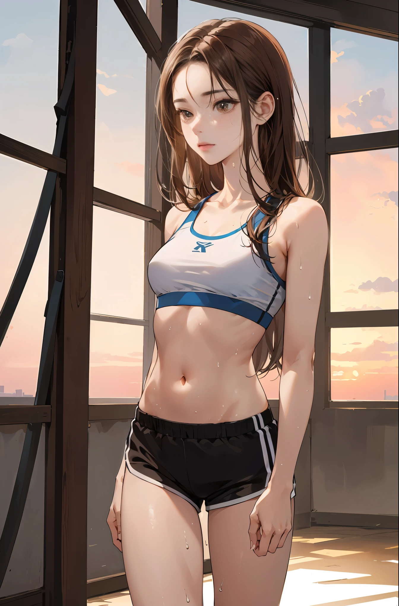 (absurdres, highres, ultra detailed,masterpiece,best Quality,extremely beautiful detailed anime face and eyes, Perfect Anatomy),cowboy shot,20-year-old、Beauty,solo, brown hair,center parted bangs,long_Hair,brown eyes,slender body,very small head、medium breasts,gleaming skin,oily skin,sweat,dancing、sports bra、sweat fabric micro shorts、indoor、studio、sunset