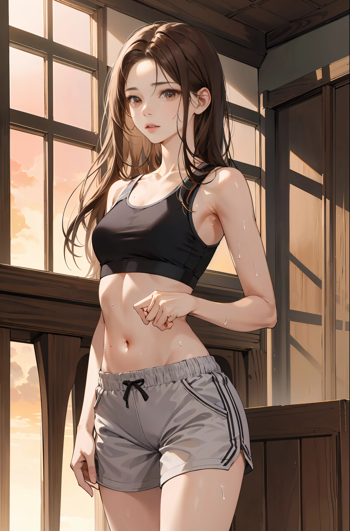 (absurdres, highres, ultra detailed,masterpiece,best Quality,extremely beautiful detailed anime face and eyes, Perfect Anatomy),cowboy shot,20-year-old、Beauty,solo, brown hair,center parted bangs,long_Hair,brown eyes,slender body,very small head、medium breasts,gleaming skin,oily skin,sweat,dancing、sports bra、sweat fabric micro shorts、indoor、studio、sunset