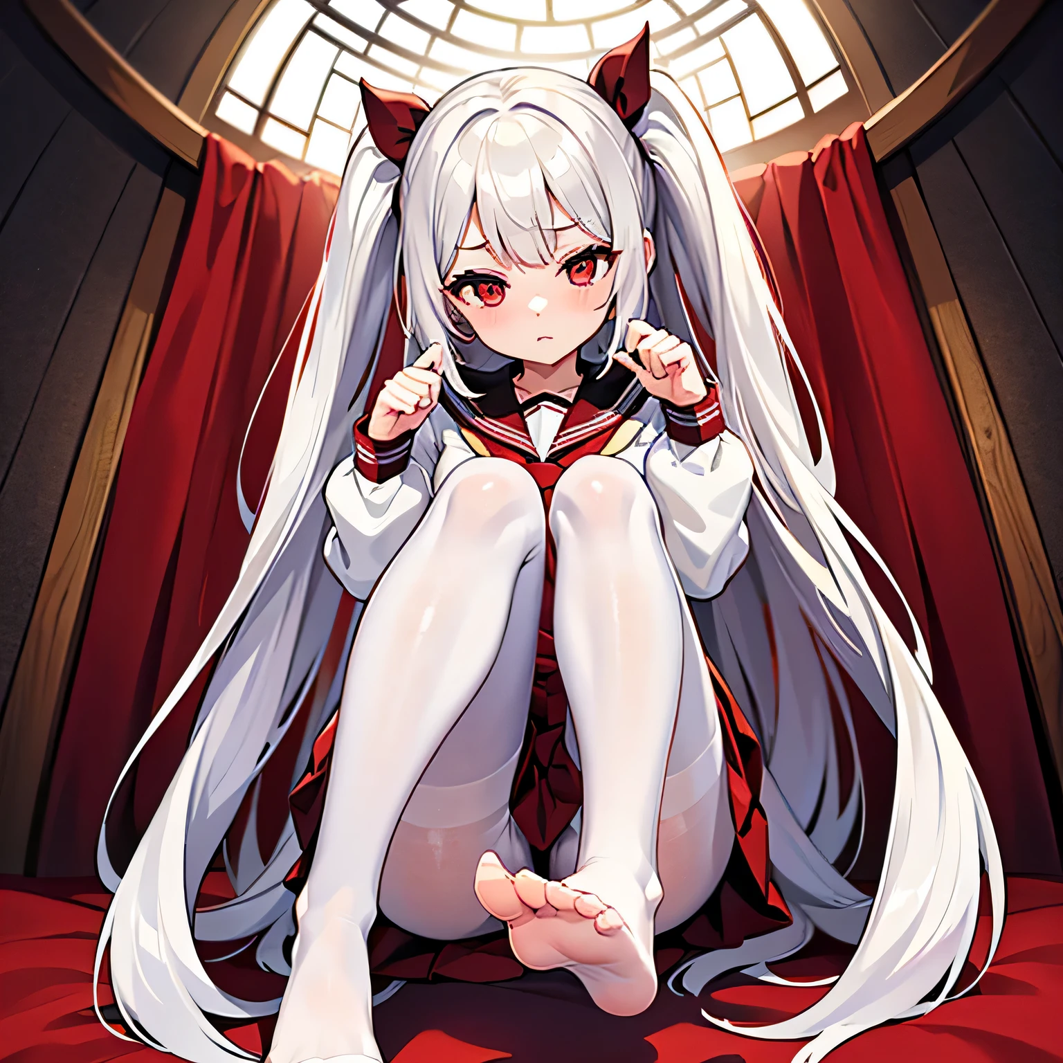 {best quality}, {{masterpiece}}, {high resolution}foot focus,white_hair/Red_Eye,looking at the audience,Sefuku,trample,Pantyhose pull-ups,