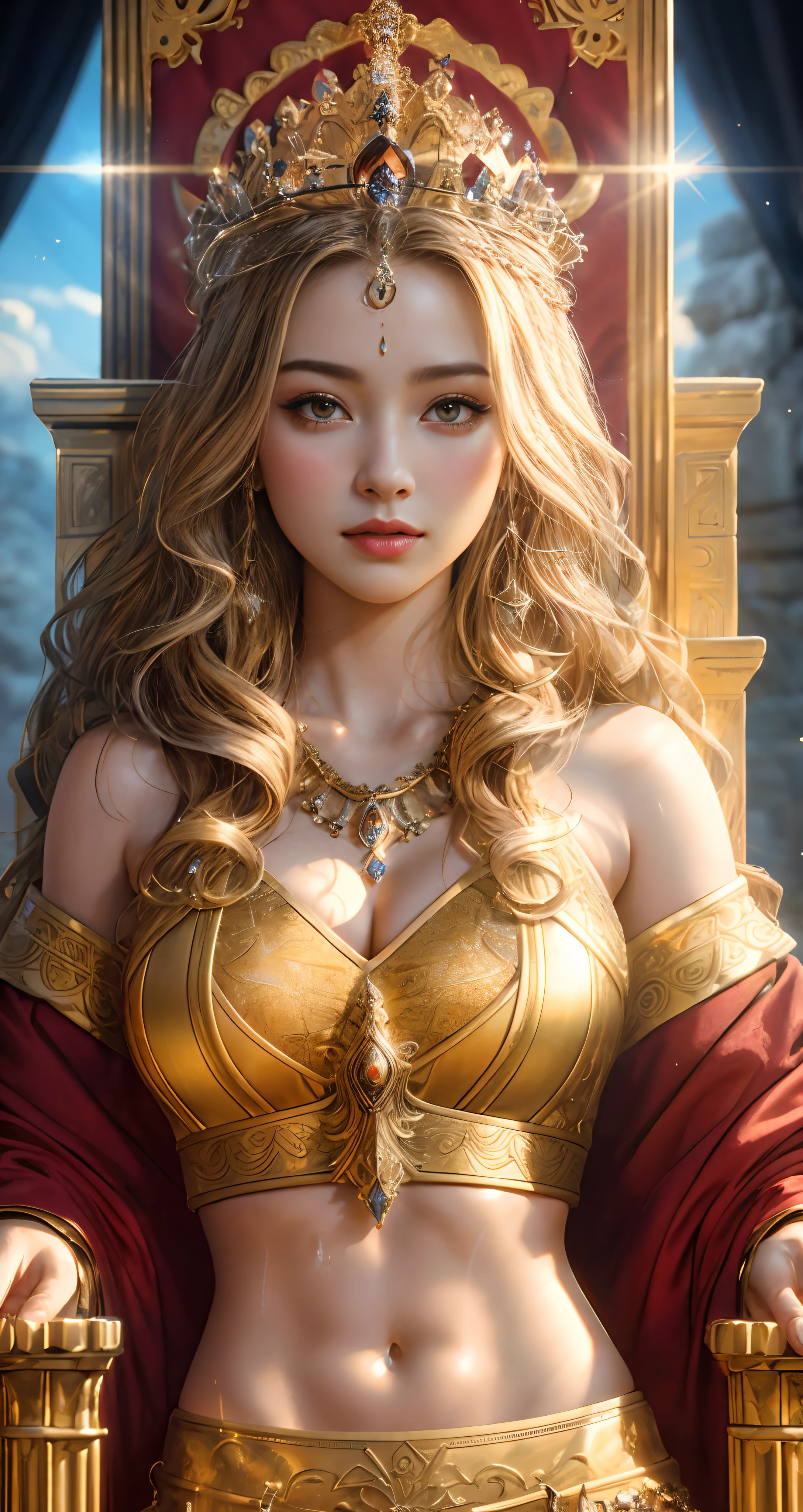 best quality, masterpiece, highres, photo realistic, ultra realistic, sun tyndall effect,photorealistic, dark studio, rim lighting, tone lighting,(high detailed skin:), 8k uhd, dslr, soft lighting, high quality, volumetric lighting, (((midriff exposed))), candid, photograph, high resolution, 4k, 8k, bokeh, ultra realistic 8k cg, (epic:, perfect artwork, masterpiece, ancient dynasty, medieval, fantasy), (((detailed background))), 20yo queen,(A stunning God-like beauty), (striking facial features, detailed hair) dynamic angle, (((throne room))), amazing stunningly beautiful, sitting on throne, wavy shiny hair, golden wet skin shining, full body portrait, glamour, perfect soft curves, perfect body, perfect , full wet lips, ultra realistic, sun
