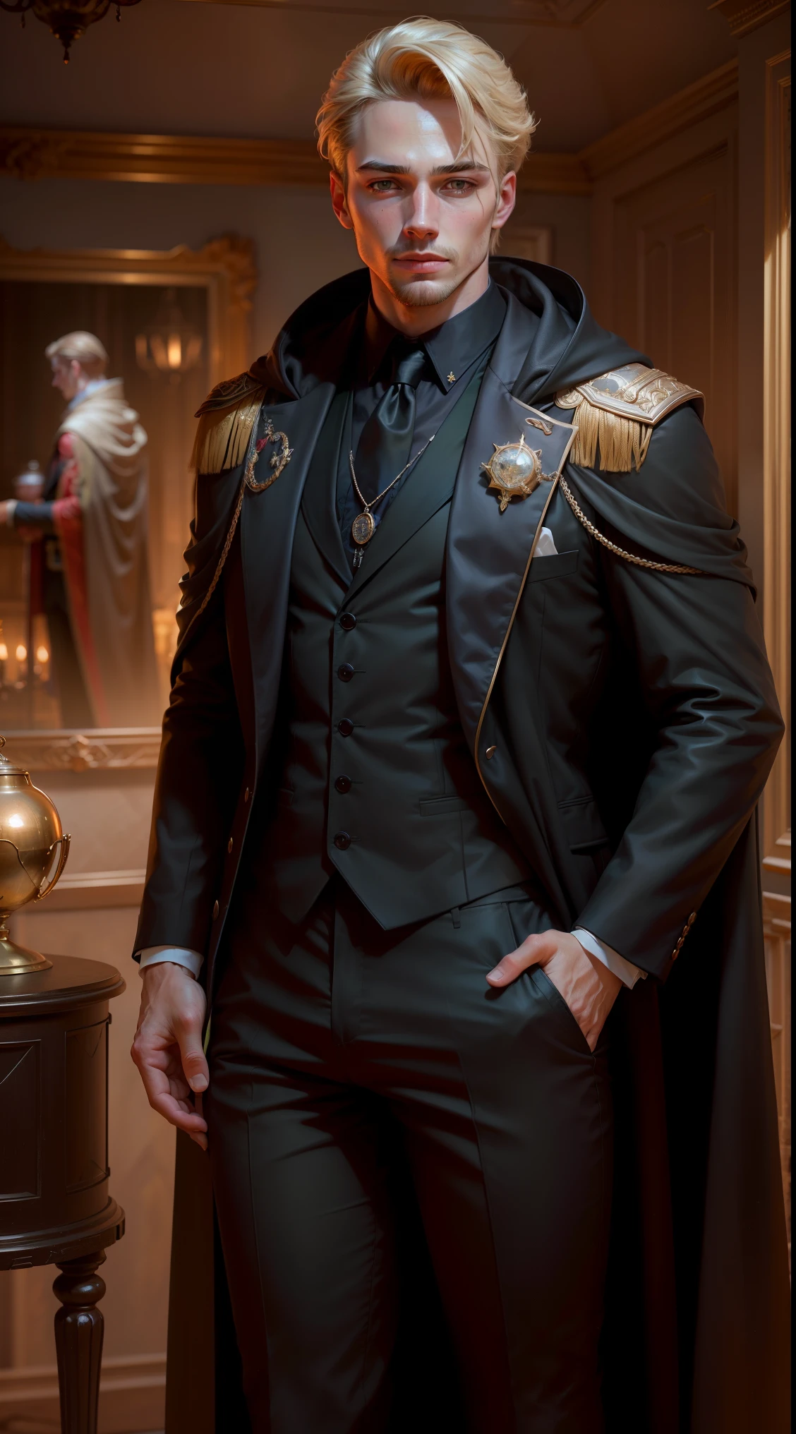 "((photorealism, high quality, detailing)), ((half of the body)), (sports figure) Human, male appearance, Majestic magician-alchemist, blonde hair, A European view, modernity, 21st century, Stylish black suit, long black cloak, magical atmosphere".