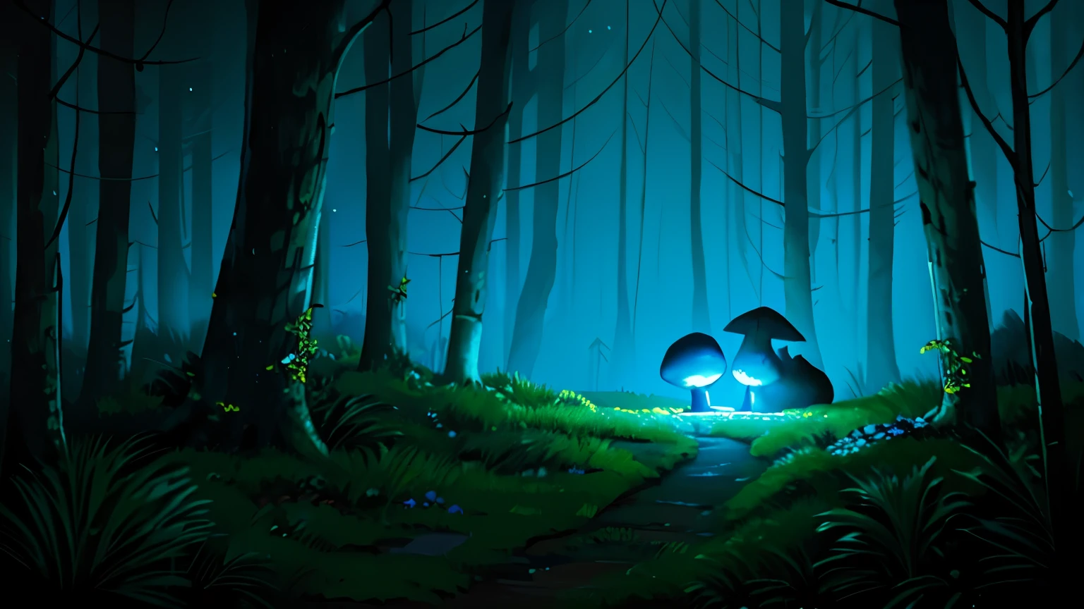 small glowing blue mushrooms in thick forest at night, no moonlight, shadows from behind