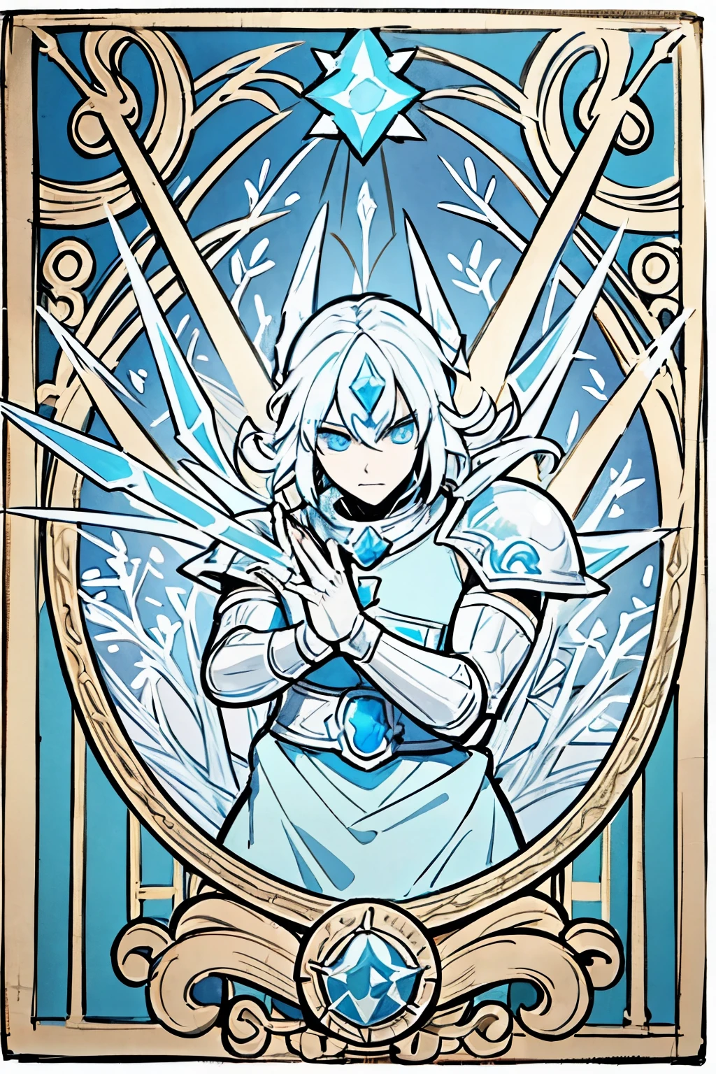 ice mage, strong man, ice armour, ice magic, by bestiary_style, masterpiece, best quality, solo, perfect face, highly detailed, by bestiary_style, masterpiece, best quality, perfect arms, perfect hands, high detailed hands, best quality hands, perfect fingers, high detail face,