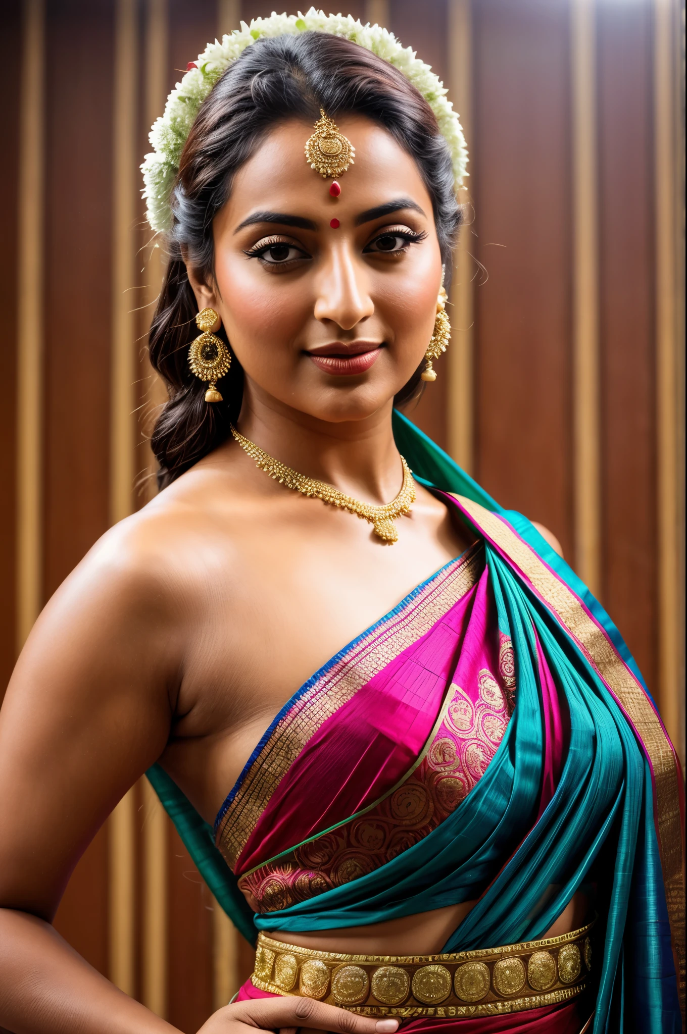 Foto RAW, photorealistic, photography, full body shot, master shot, Saree model, erotic photography, model Photography, sensual bold photoshoot, Indian saree shoot, ethnic bold, retro or vintage Indian Village woman sari draping, Indian traditional wear advertising photography, traditional wear brand shoot, face of Indian actress Sonakshi Sinha, masterpiece, realistic, sweat , sweaty, realism, photorealism, high contrast, photorealistic Artstation 8k HD digital art trend of high definition and detailed realistic skin texture, ultra detail, realistic skin texture, armature, best quality, ultra high definition, (photorealistic:1.4),, high resolution, detail, raw photo, Re sharp, by Lee Jefferies Nikon D850 Film Stock Photo 4 Kodak Portra 400 Camera F1.6 Lens Rich Color Ultra Real Realistic Realistic Textures Dramatic Lighting Unreal Engine Trending at Art Station Cinestill 800,(pele altamente detalhada: 1.2), 8k UHD, DSLR, soft-lighting, alta qualidade, grain of film, Fujifilm XT3